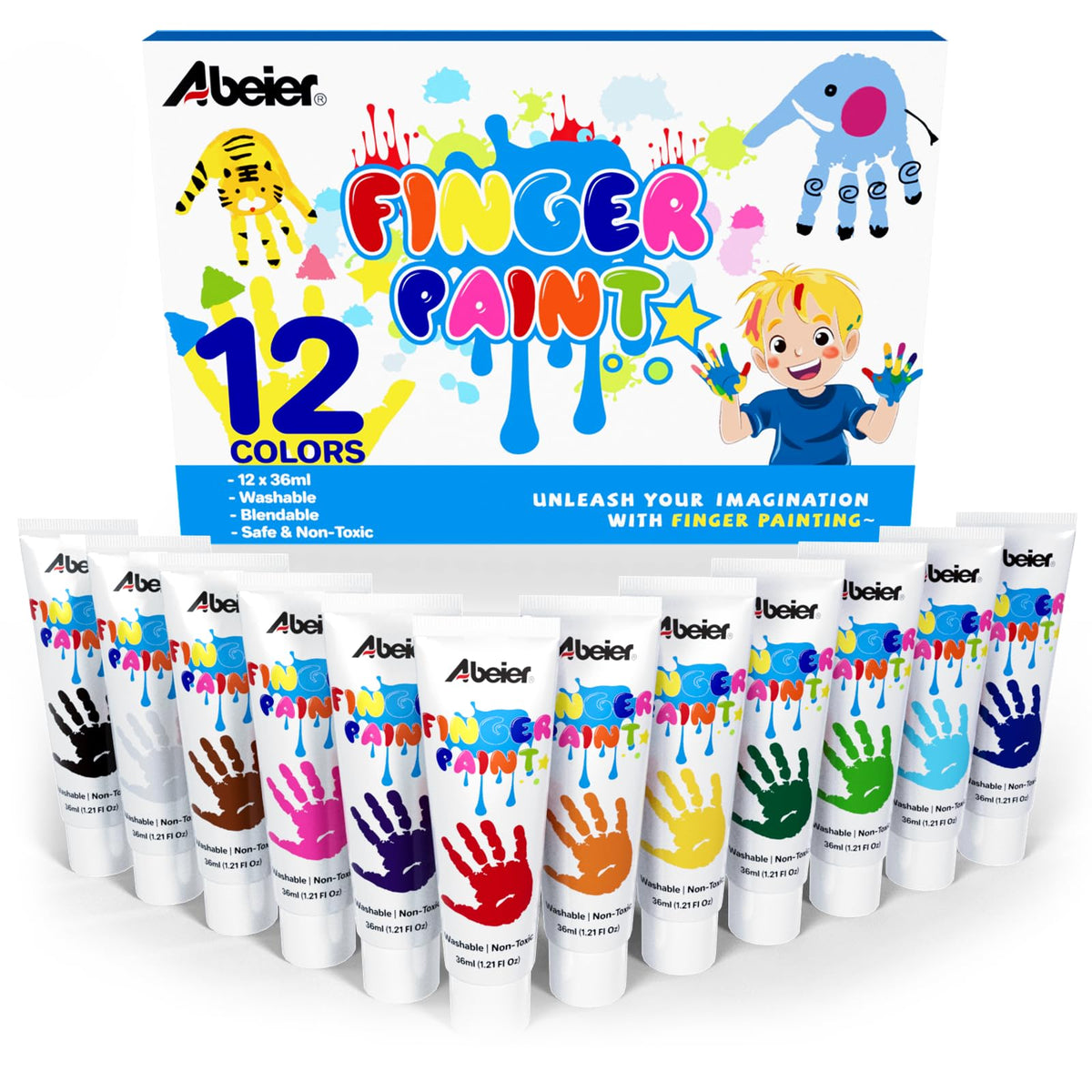 ABEIER Abwaschbare Fingerfarbe für Kleinkinder, sicher, ungiftig, 12 leuchtende Farben (35 ml), babysichere Farbe für Hände und Füße, schmutzfreie Malutensilien für Kinder, Vorschul-Lerngeschenke, Alter 1-3 4 5 6+