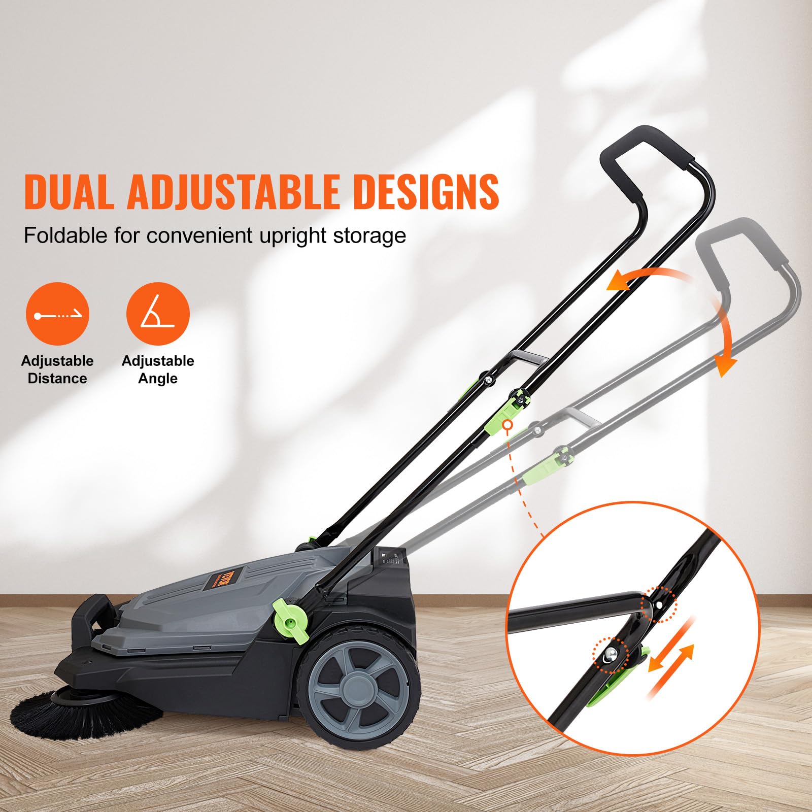 VEVOR Walk-Behind Hand Push Floor Sweeper, 25.6" Sweeping Width Floor Sweeper Manual Non-Electric, 5-Gallon Waste Container, Angle & Height Adjustable Folding Handle for Walkway, Yard, Garage, Patio