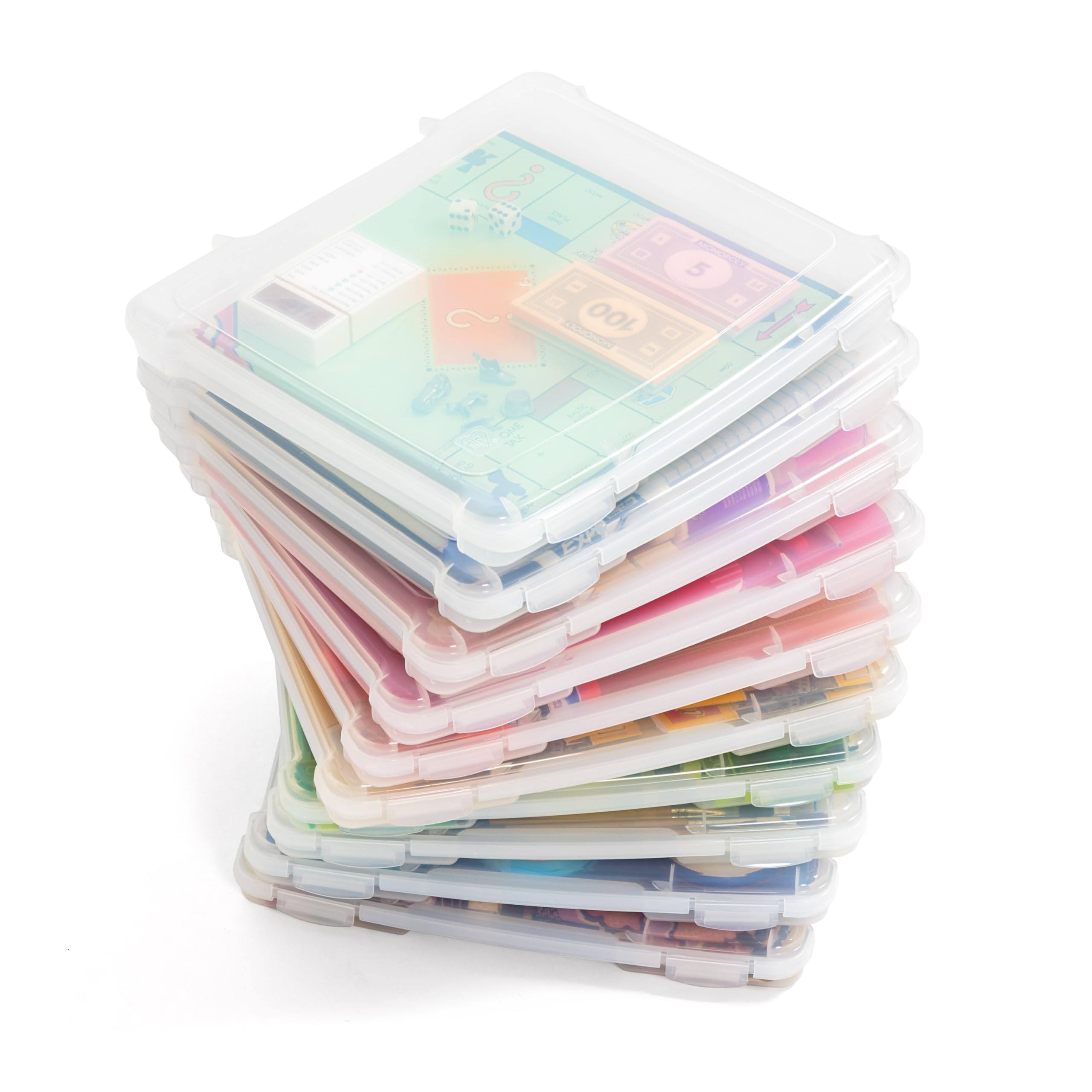 IRIS USA Brettspiel-Aufbewahrungs-Organizer-Box mit Schnappverschluss-Deckel, 10er-Pack Tragbare Kunststoffbehälter für Puzzles, Zeitschriften, Hobbys, Künstlerbedarf, passend für 8,5" x 11" & A4-Papiere, schmal, klar