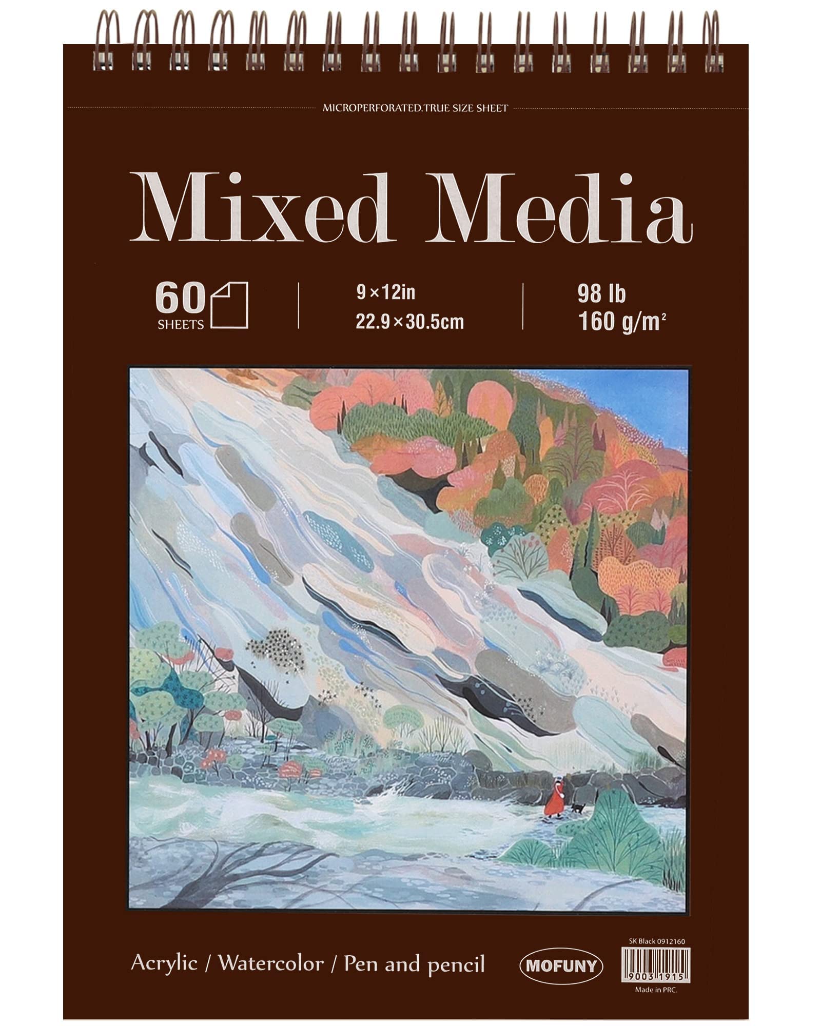 كراسة رسم وسائط متعددة 9 × 12 بوصة - كراسة رسم متعددة الوسائط بغلاف مقوى، سلكية، 60 ورقة 98 رطل/160 جرامًا لكل متر مربع ورق وسائط مختلطة، كراسات رسم ألوان مائية للوازم الفنانين، الرسم، والتوريدات الفنية.