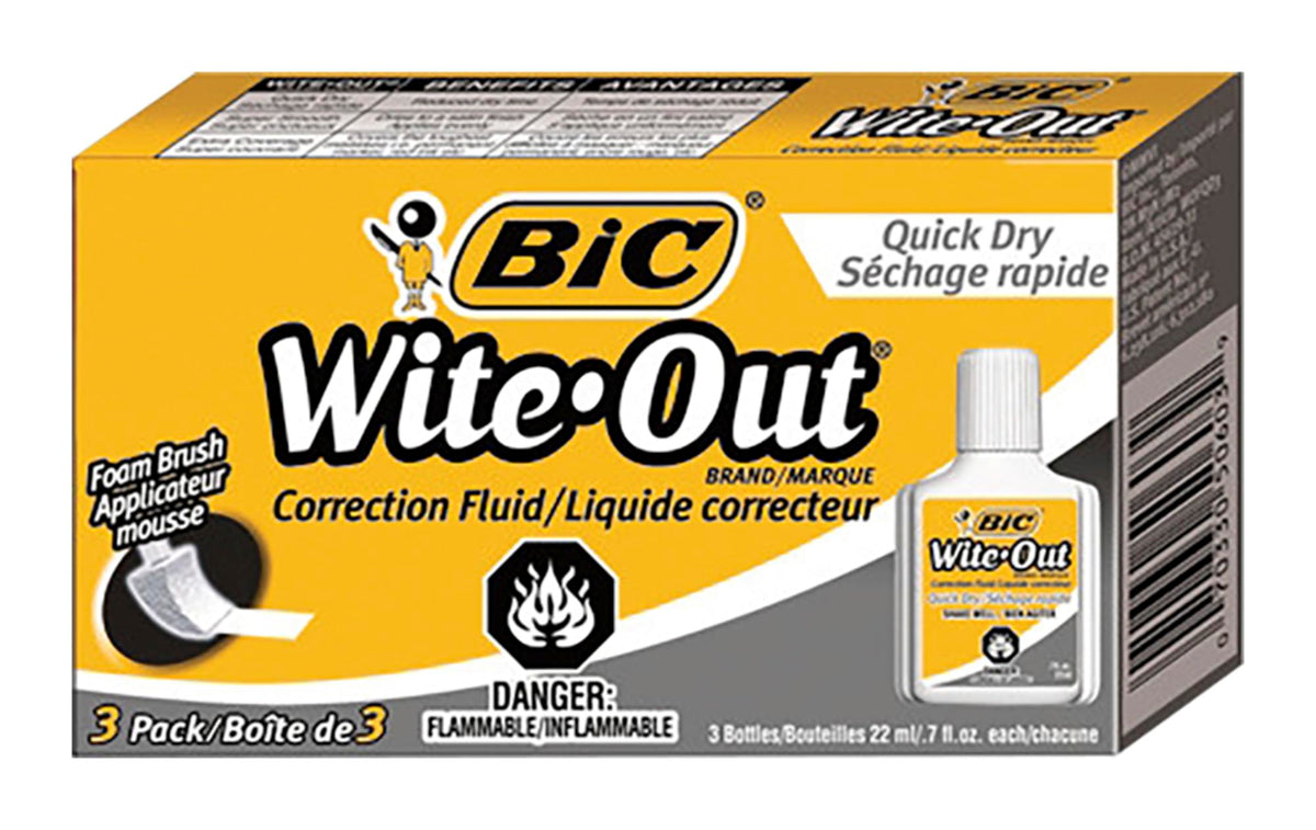 BIC Wite-Out سائل مصحح سريع الجفاف، 20 مل، أبيض، يوضع بسهولة مع وقت تجفيف أقل، عبوة من 3 قطع
