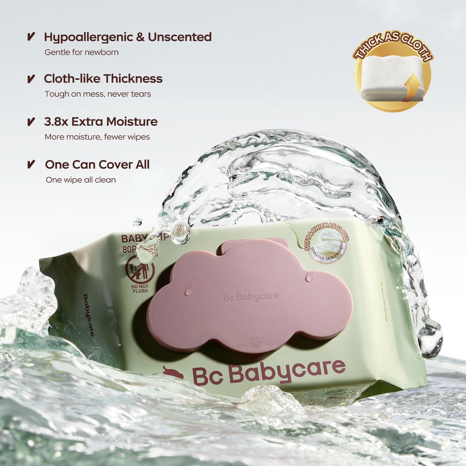 Bc Babycare Cloud Moist Baby Wipes, Thick & XL, 99% Water, Ultra-Hydrating, Unscented, Hypoallergenic for Sensitive Skin, Biodegradable, 3 Flip-Top, 240 Count