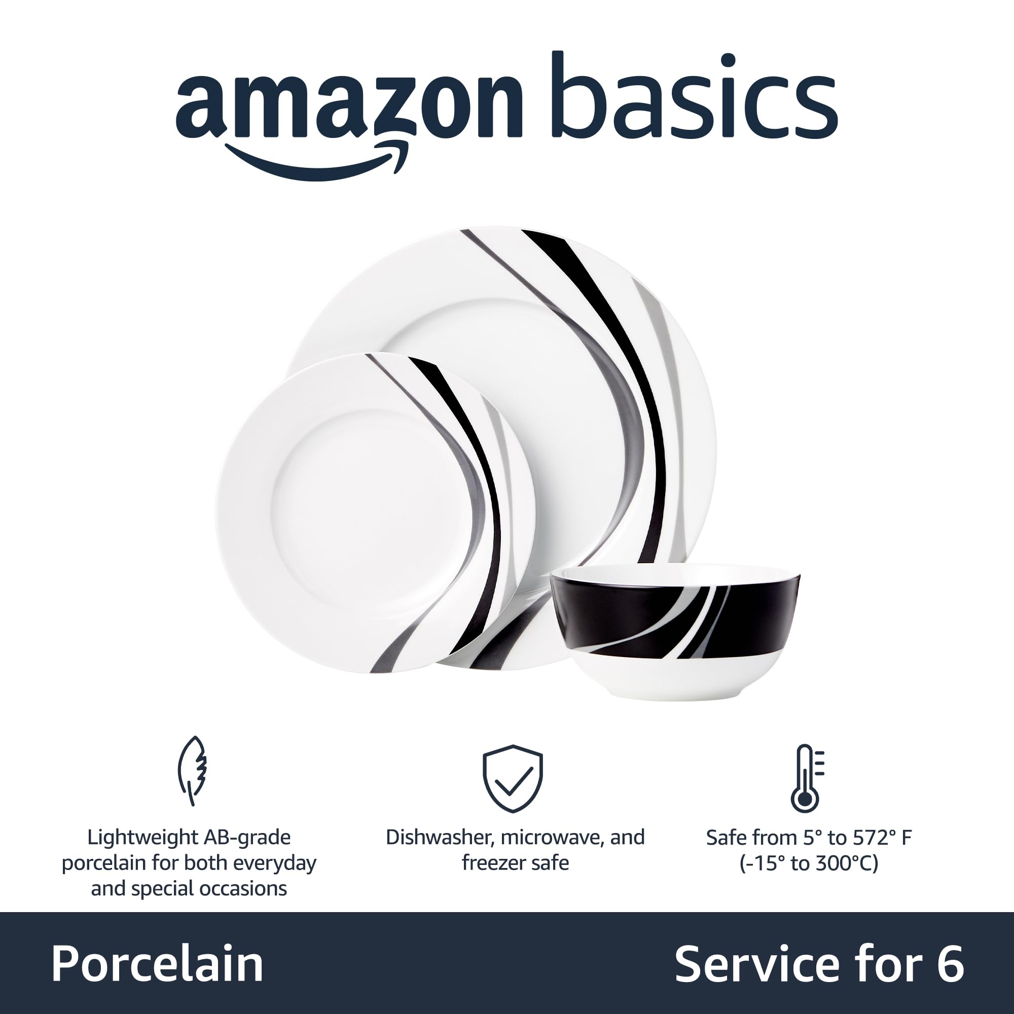 Amazon Basics Dinnerware Set, Microwave and Dishwasher Safe, Service for 6, 18-Piece Complete Kitchen, Plates, Dishes, Bowls, Swirl