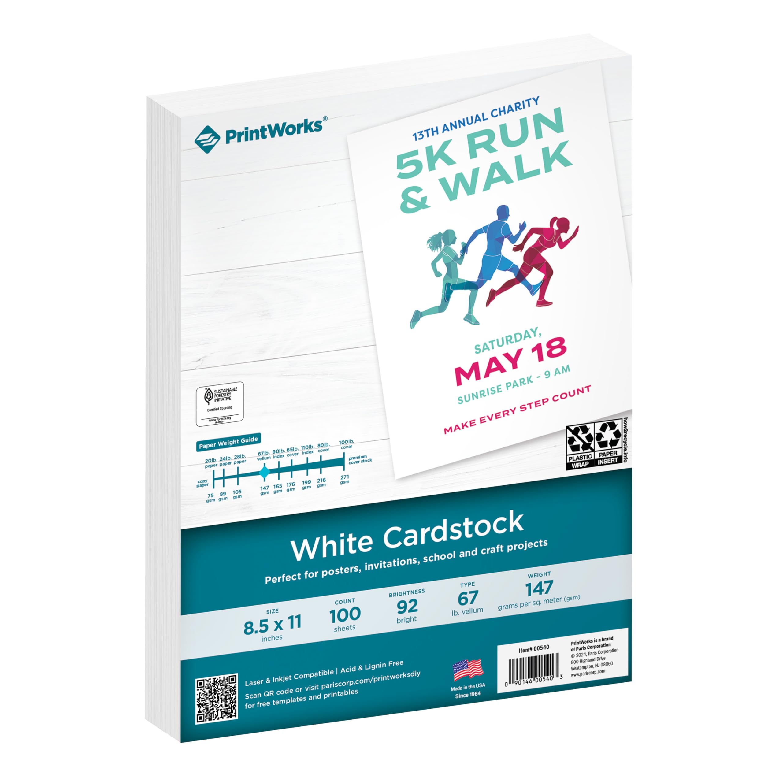 PrintWorks White Cardstock 8.5" x 11" - 67 lb/147 gsm Vellum Bristol - 100 Sheets - Made in the USA - SFI Certified - 92 Bright - Card Stock Printer Paper for School, Craft, & Office Use (00540)