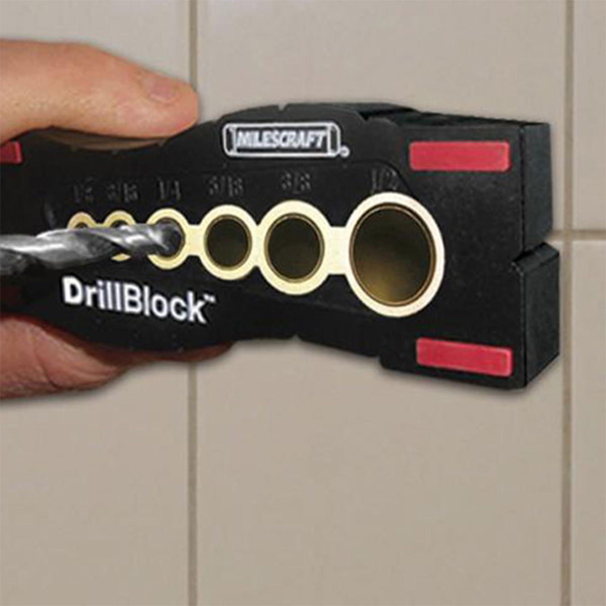 Milescraft 1312 Drill Block - Handheld Drilling Guide, Drilling Jig with Drill Guides for 6 of the Most Common Imperial Drill Bit Sizes, Precision Drilling Tool Accessory