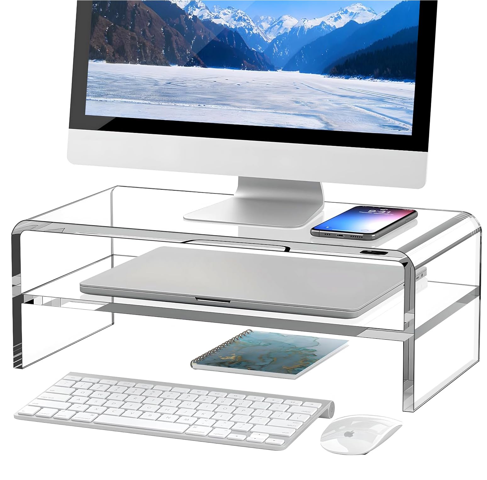 Egchi Klarer Acryl Monitorständer Erhöhung 2-stufig, 5,12 Zoll Hohe Transparente Computer Schreibtisch Organizer Ablage für Multi Media PC Speicher Laptop