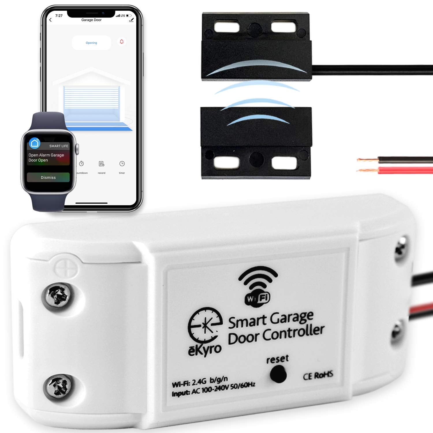 eKyro Smart Garagentoröffner - Universelle WLAN-Fernbedienung kompatibel mit Alexa, Google Home, iPhone, Siri, Android, Offene-Tor-Warnung, Türsicherheitssysteme, Aktualisiertes Modell