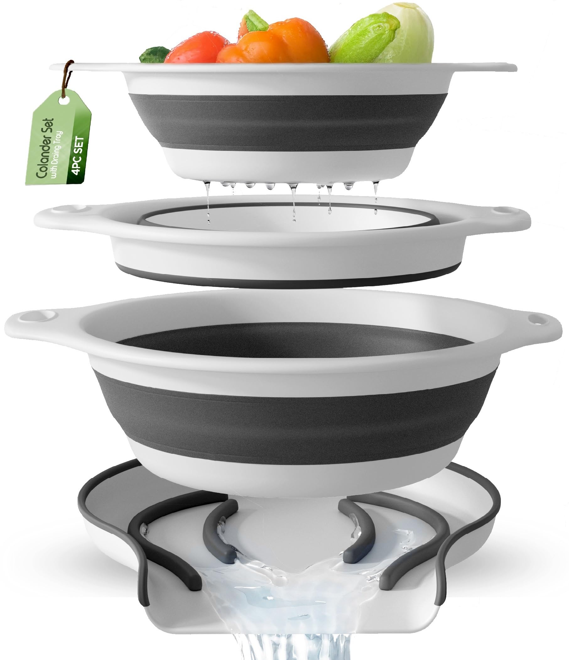 Gevoli zusammenklappbare Seiher (3er-Set) Lebensmittel-Siebe mit Abtropfgestell für die Spüle für Nudeln, Obst und Gemüse, Weiß (3 Größen, 2,8L, 3,8L und 4,7L)