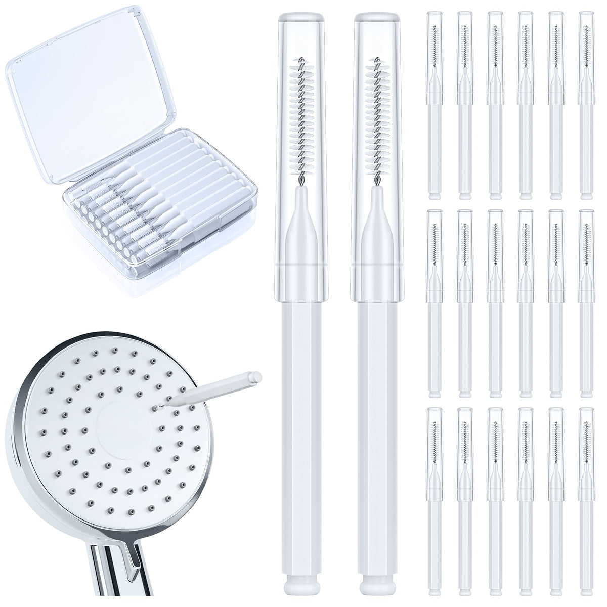 Lumkew Duschkopf-Reinigungsbürste für kleine Löcher, multifunktionaler Duschkopf-Reiniger gegen Verstopfungen mit Aufbewahrungsboxen, Duschkopf-Reinigungsbürsten für den Haushalt, Badezimmer, weiß