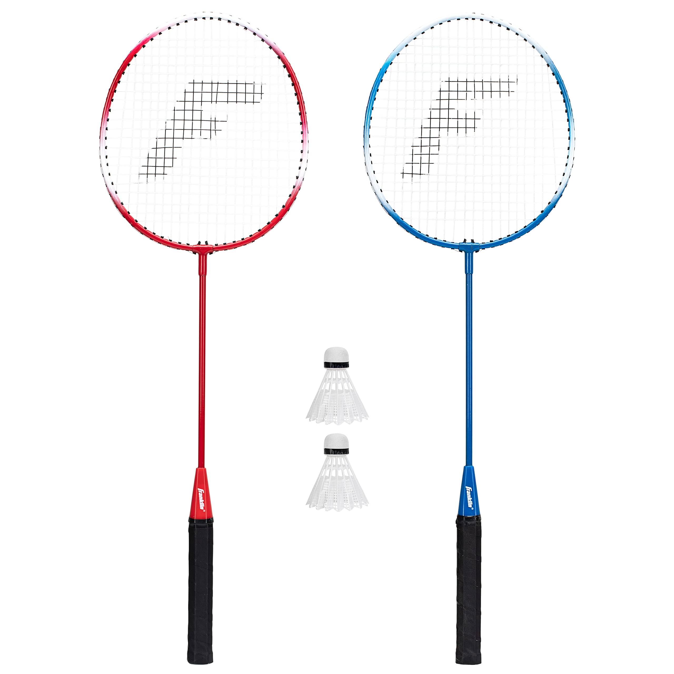 Franklin Sports Badmintonschläger + Federball-Set – Ersatz-Badmintonausrüstung für Kinder + Erwachsene – 2-Spieler-Badmintonschläger-Set, Rot/Weiß/Blau