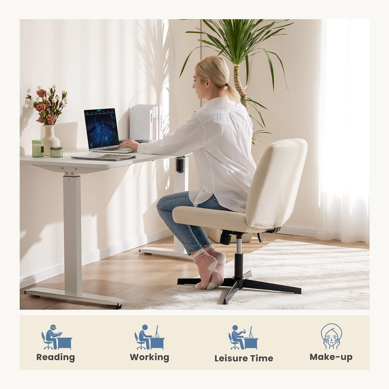DUMOS Criss Cross Chair Legged Office Wide Comfy Desk Seat, No Wheels Armless Computer Task Seating, Swivel Comfy Vanity Fabric Modern Home Height Adjustable