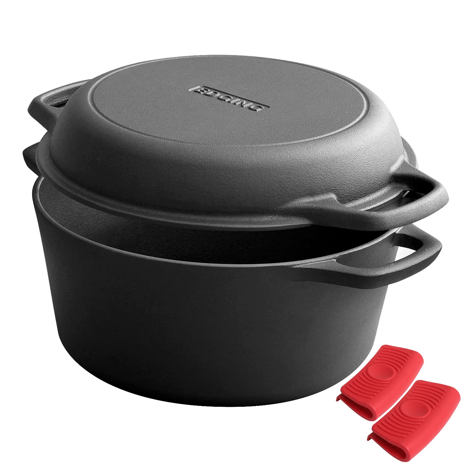 EDGING CASTING 2-in-1 Voreingebrannter Gusseisen Dutch Oven Topf mit Bratpfannendeckel, Gusseisenpfannen-Set mit zwei Griffen für drinnen und draußen zum Brotbacken, Braten, Backen, Camping, BBQ, 5QT