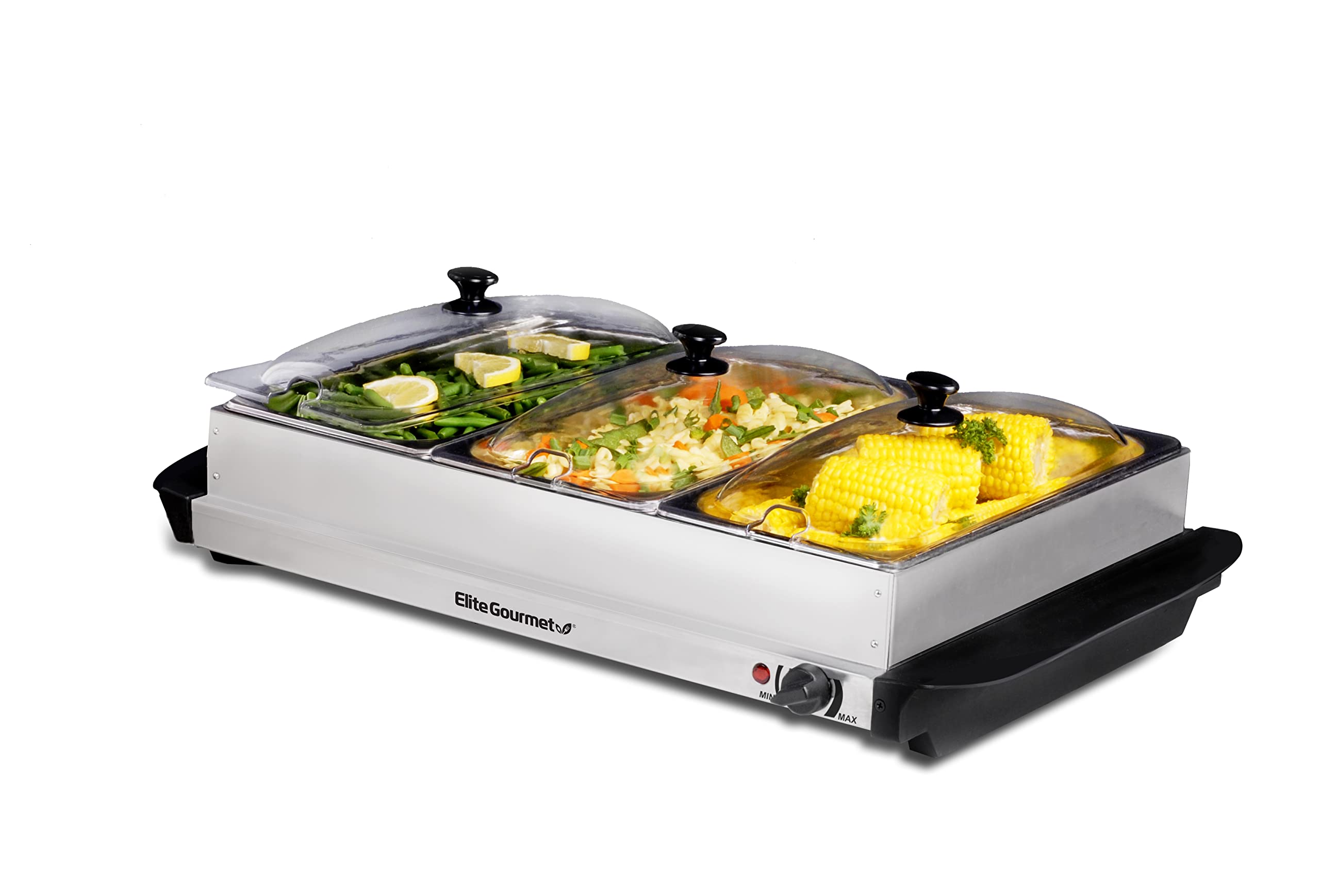 Elite Gourmet EWM-6171 Dreifach 3 x 2,5 Qt. Behälter, Buffetwärmer, Speisenwärmer mit Temperaturkontrolle, transparente Schlitzeinsätze, perfekt für Partys, Unterhaltung und Feiertage, insgesamt 7,5 Qt, Edelstahl