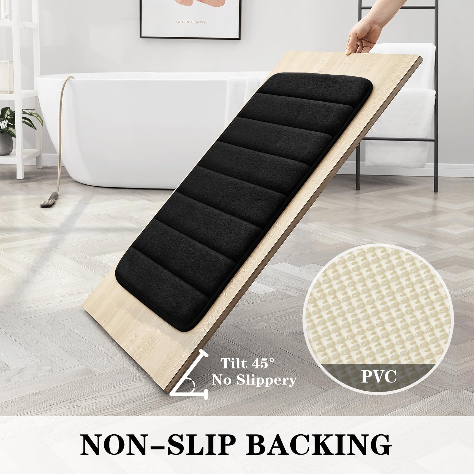 BYSURE Black Memory Foam Bathroom Rug Set 3 Piece, Non Slip Extra Soft Absorbent Washable & Dry Toilet Bath Mat Sets