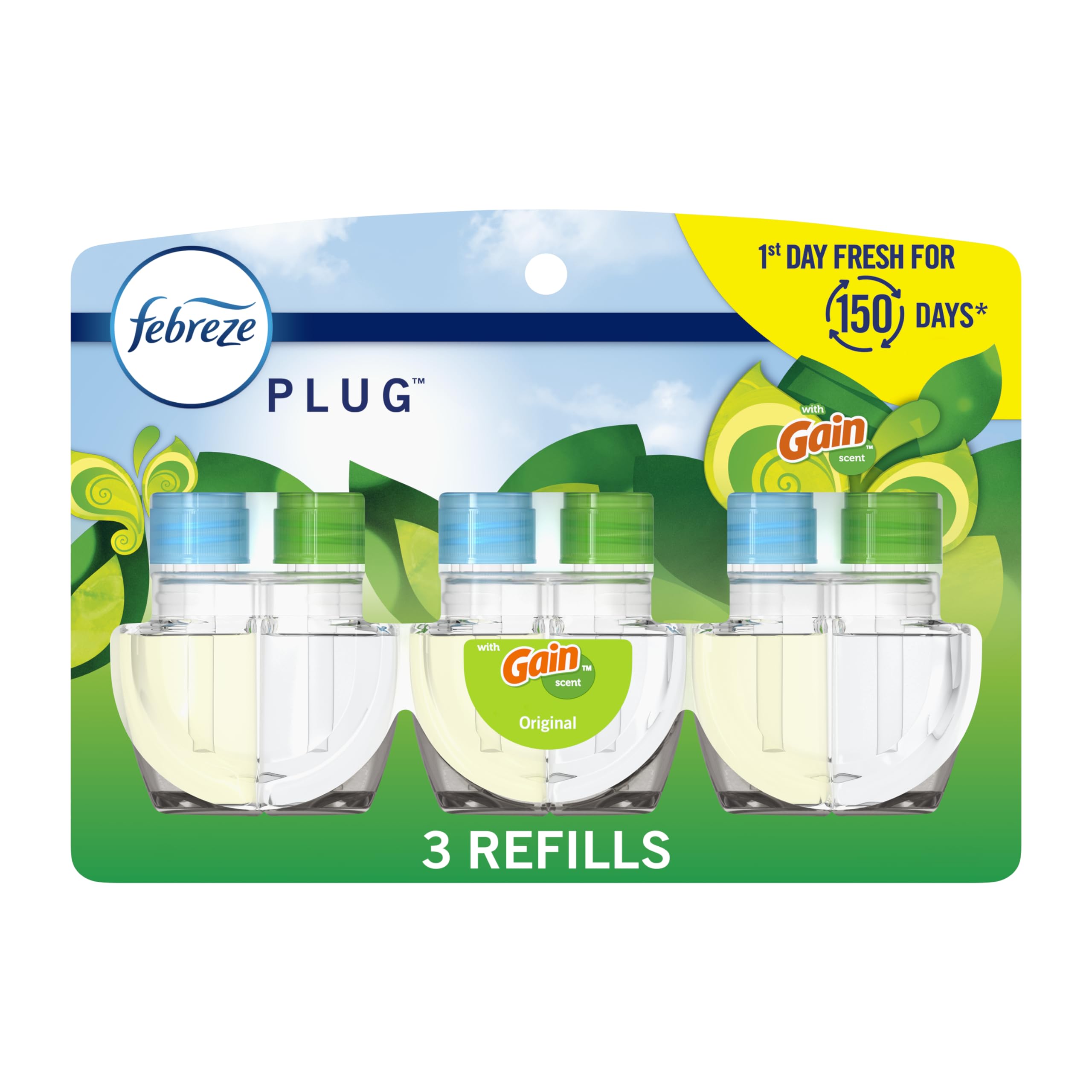 Febreze Plug In Lufterfrischer, Nachfüllpack mit duftendem Öl zur Geruchsbekämpfung, Lufterfrischer für Zuhause, Bad und Küche, lang anhaltend bei starken Gerüchen, Gain Original Duft, 24,6 g Nachfüllpackungen, 3 Stück