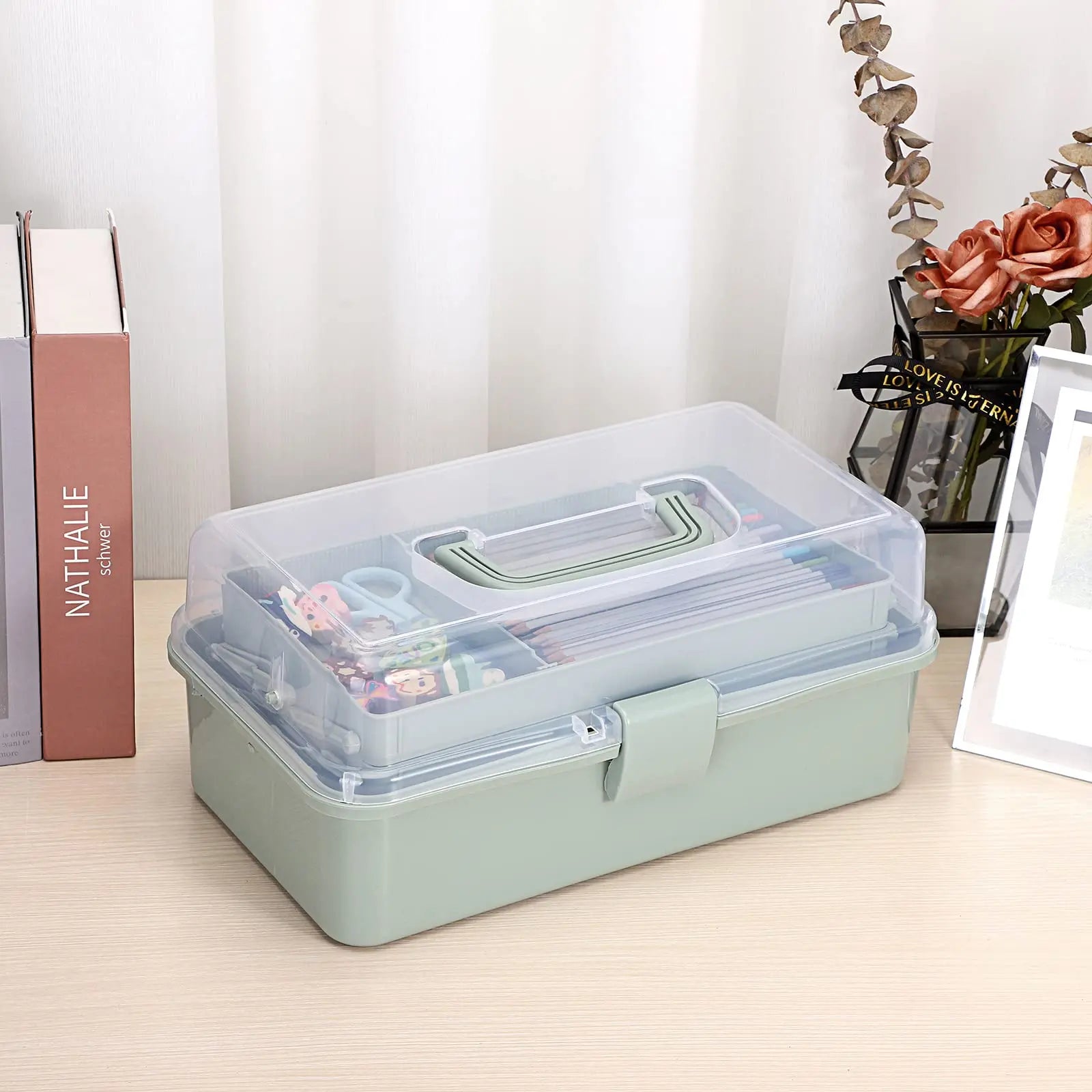 BTSKY 3-Layer Plastic Dividing Storage Craft Organizer with Adjustable Spacers and Portable Handled Multipurpose Home Utility Box for Medicine, Sewing and Art Supply