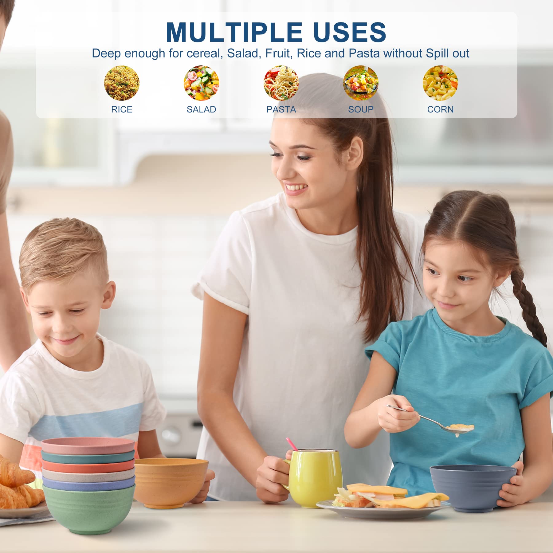 HOTEC BPA Free Unbreakable Wheat Straw Cereal Bowls - Microwave & Dishwasher Safe Soup and Salad Bowls, Set of 8, 26oz, Multicolor