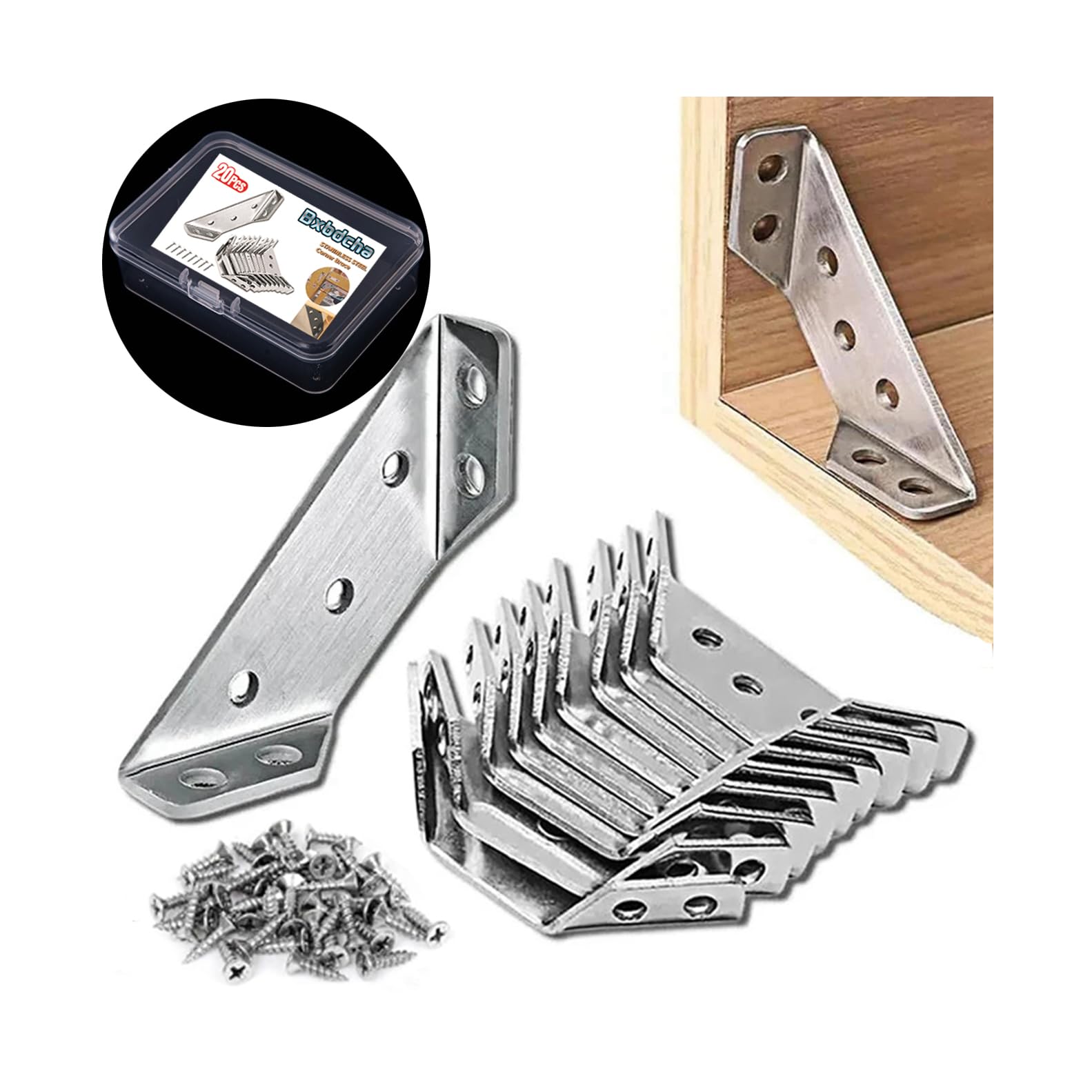Möbel-Eckverbinder - 20 STK. Universelle L-Winkel aus Edelstahl für Holz, Beschläge, Metall-Winkelhalterungen, Eckverstrebungen, L-Winkel für Regale, Tische, Schränke, Schubladen, Eckwinkel für Holz
