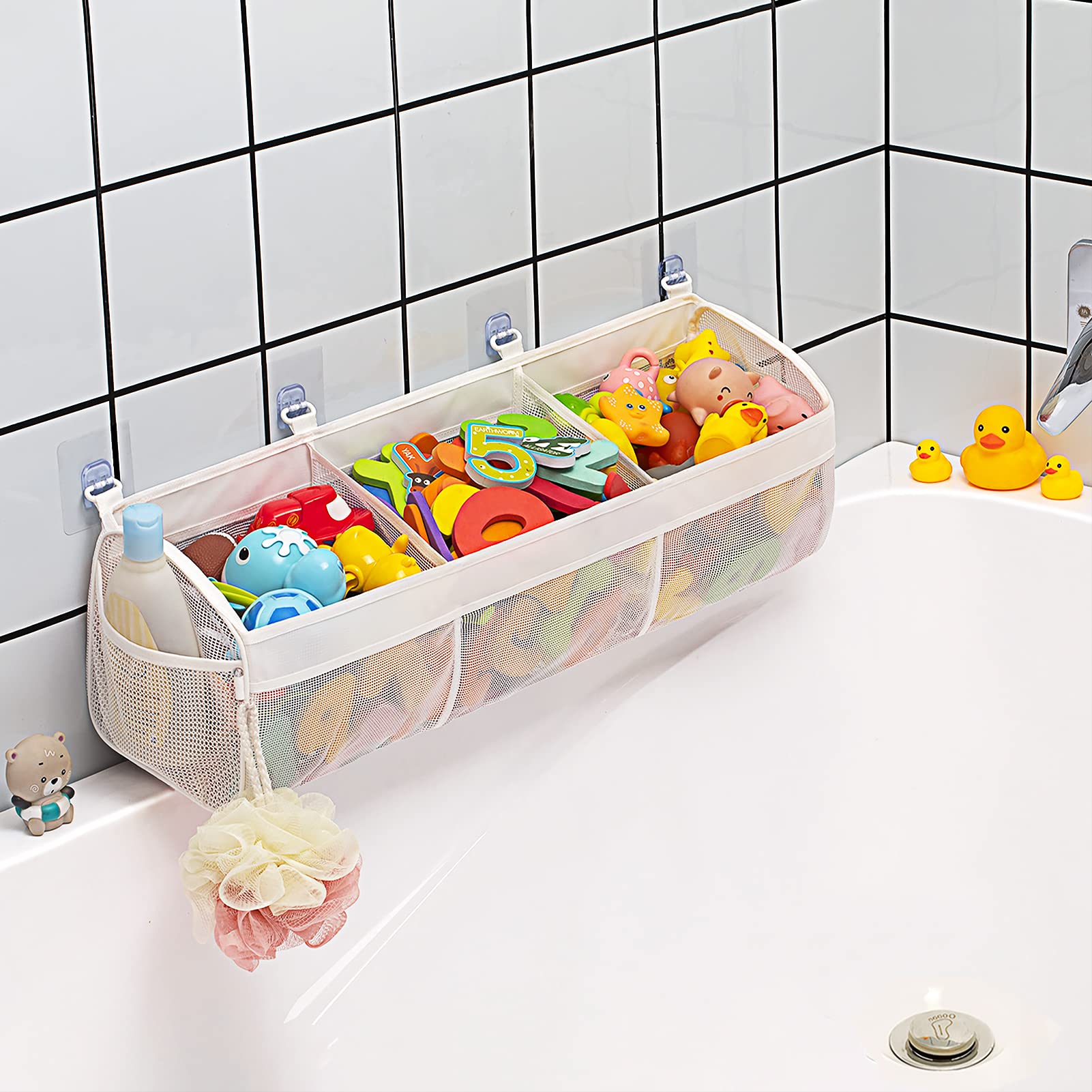 Austion Original 3 Compartment Horizontal Large Openings Bath Toy Organizer for Tub, Capacity Upgrade Bath Toy Storage and Holder, Bathtub Toy Holder for Easy Access and Sorting of Toys.