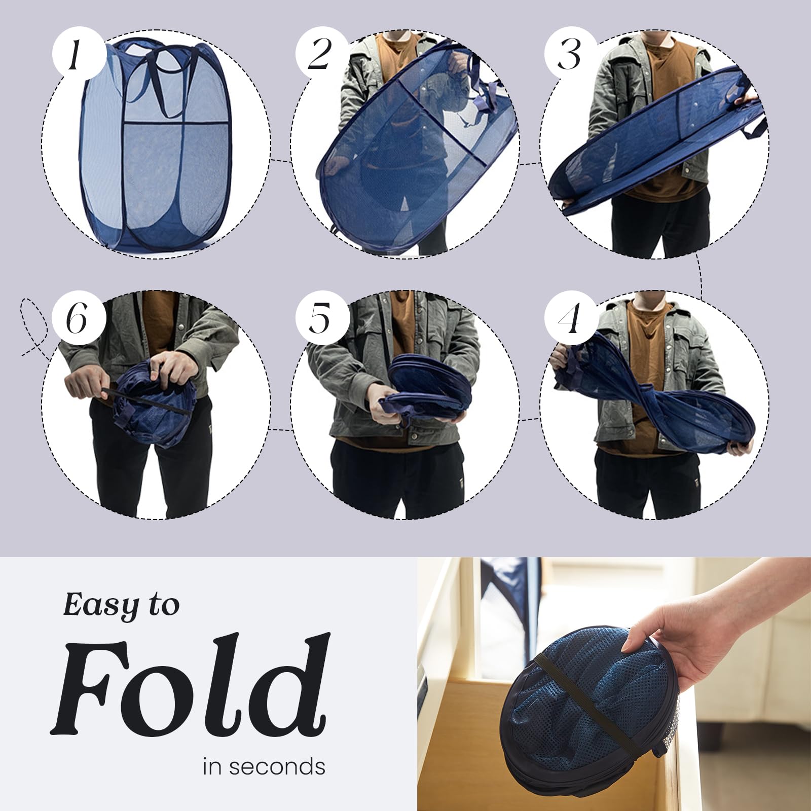 Collapsible Pop Up Laundry Basket, Hamper with Sturdy Handles and Side Pocket - Mesh Portable Foldable Dirty Clothes Hamper for Dorm, Laundry room, Bathroom and Travel Storage, Navy Blue
