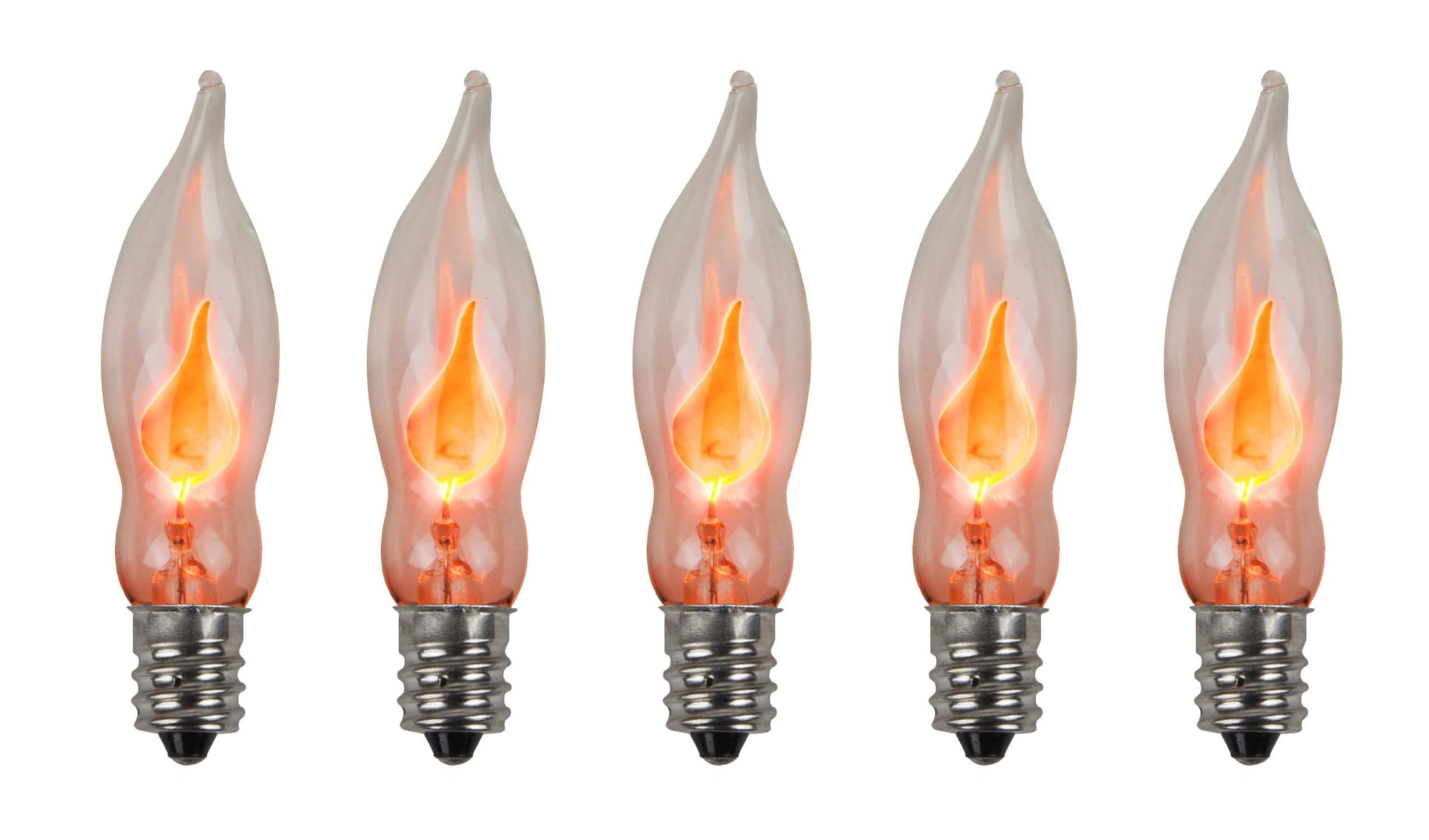 Creative Hobbies A101 Flicker Flame Light Bulb - 3 Watt, 130 Volt, E12 Candelabra Base, Nickel Plated Base - Dances with a Flickering Orange Glow | 5 Pack