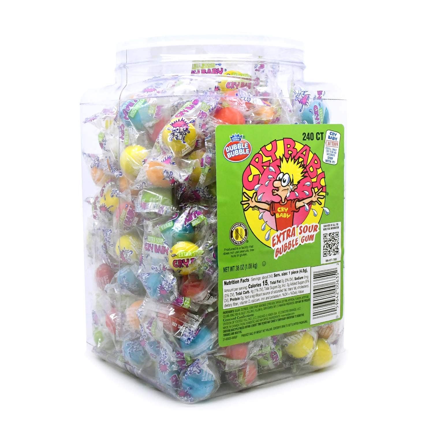 Dubble Bubble Cry Baby Extra Sour Kaugummi – 240 Stück, wiederverschließbares Glas mit einzeln verpackten Kaugummis – Erdnussfrei, Glutenfrei – 5 Geschmacksrichtungen, 1077g (1er-Pack)