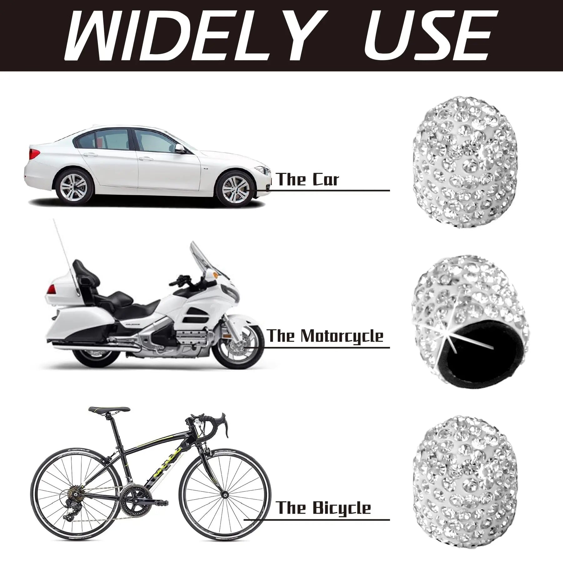 JUSTTOP 4 Pack Handmade Crystal Rhinestone Tire Valve Stem Caps, Wheel Tire Valve, Attractive Dustproof Bling Car Accessories, Universal for Cars, Trucks and Motorcycles-White