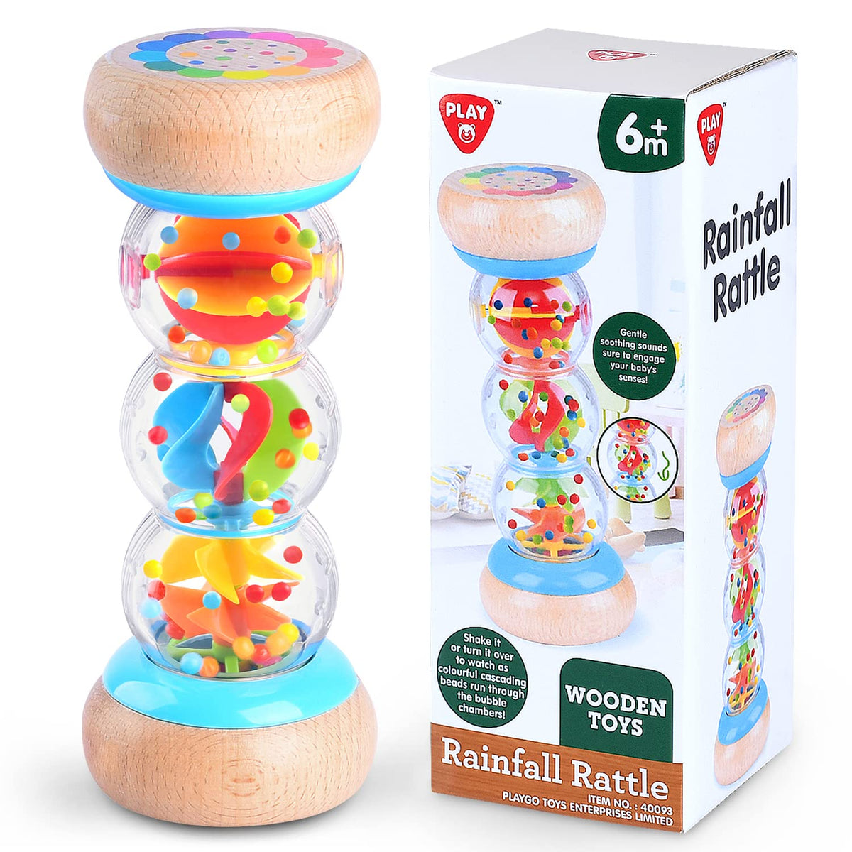 PLAY Rainmaker - 7 Zoll Holz-Regenmacher-Regenbogen-Regenstab Montessori-Spielzeug für Babys von 6–12 Monaten, Baby-Rassel, Sensorisches Entwicklungsspielzeug, Musikinstrument mit Regengeräuschen
