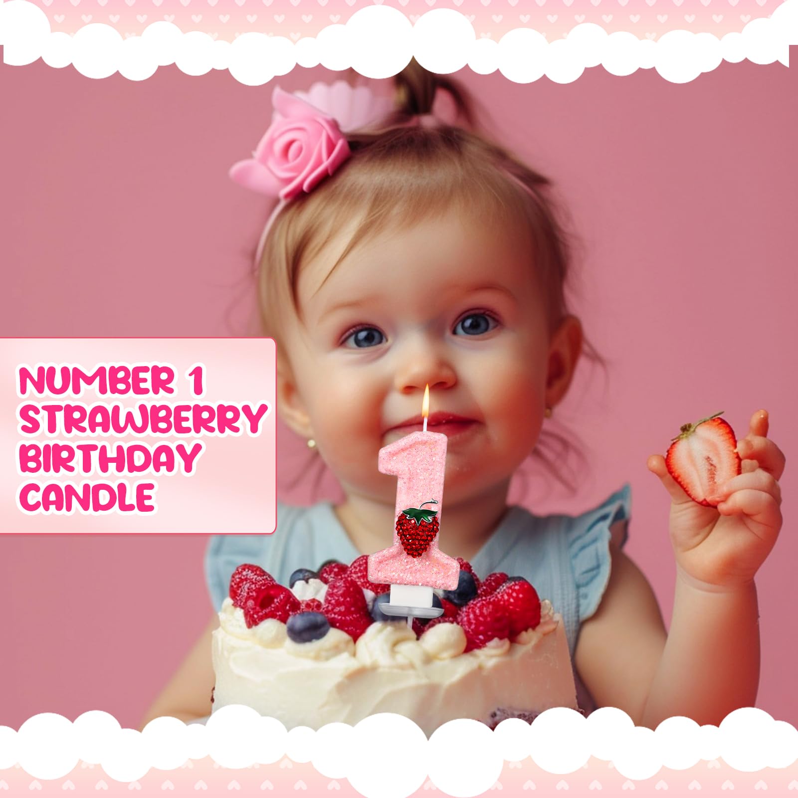 Conelist Strawberry 1 Candle for First Birthday Pink Number 1 Candle Berry One Glitter Cake Topper for Strawberry 1st Birthday Party Supplies Anniversary Decorations