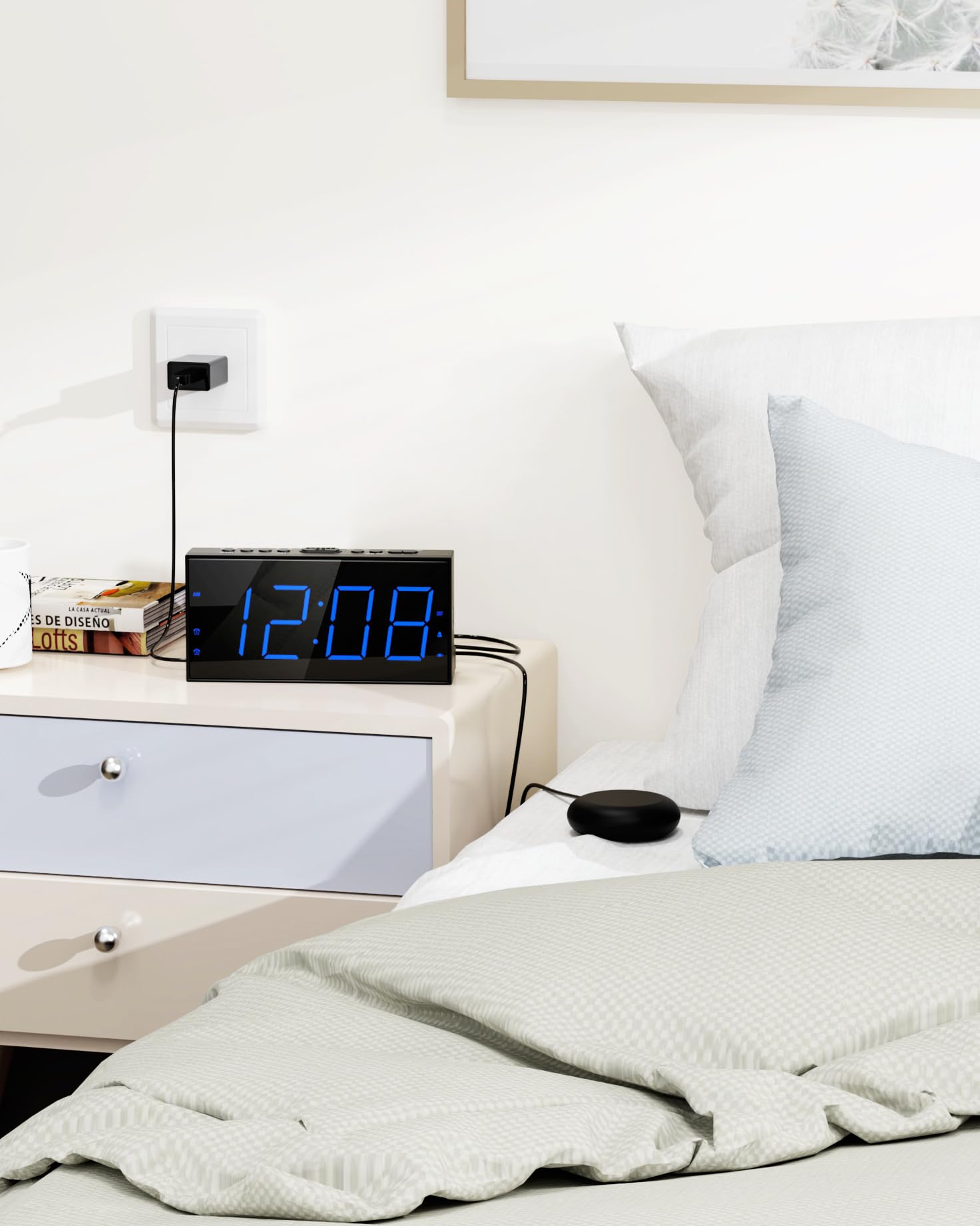 Roxicosly Loud Alarm Clock with Bed Shaker, Vibrating Alarm Clock for Heavy Sleepers/Hard of Hearing/Deaf/Teens, Dual Alarms with 7.5’’ Large LED Display, USB Charger, Dimmer, Snooze & Battery Backup