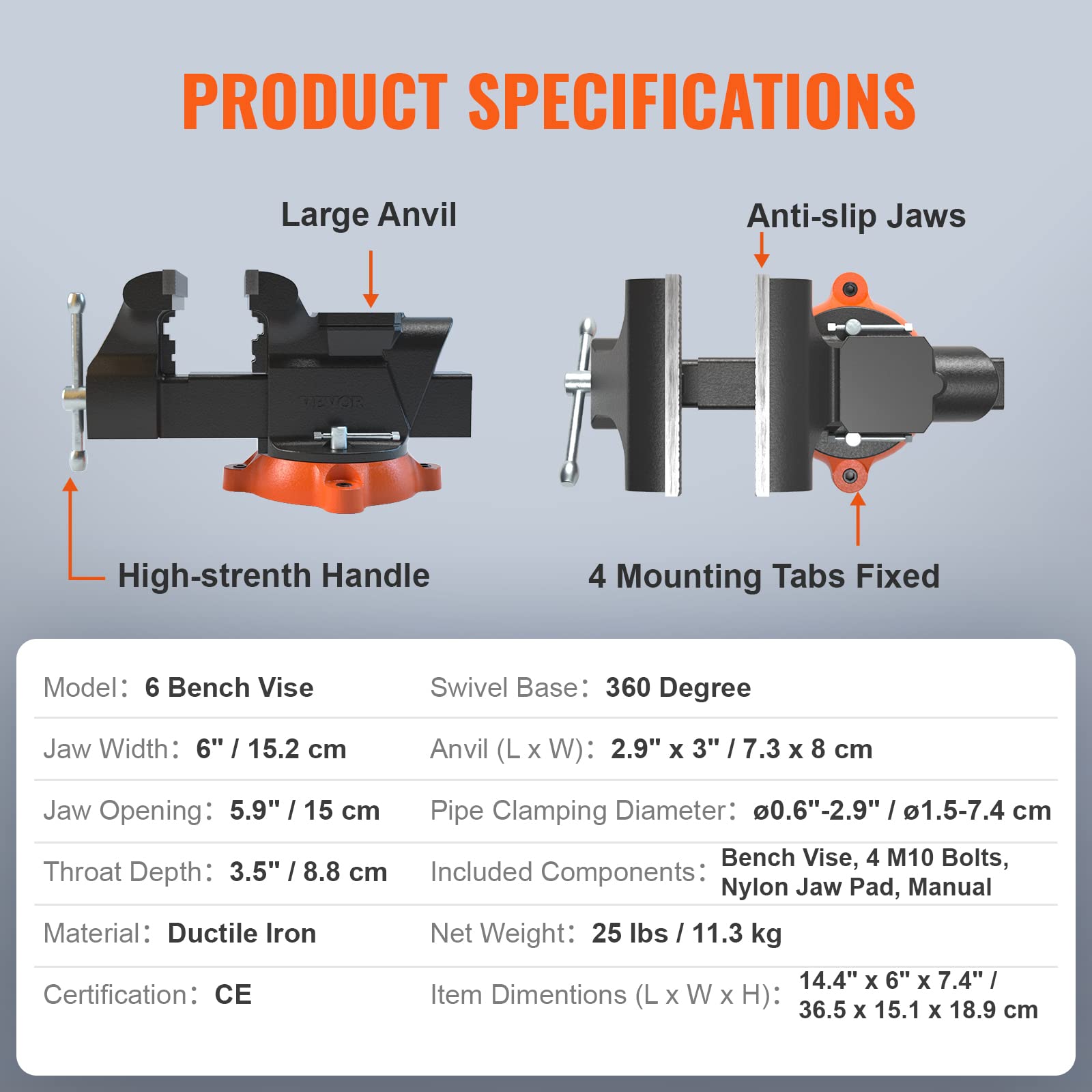 VEVOR Bench Vise, 6-inch Jaw Width 5.9-inch Jaw Opening, 360-Degree Swivel Locking Base Multipurpose Vise w/Anvil, Heavy Duty Ductile Iron Workbench Vise w/Bolts & Nuts, for Drilling, Pipe Cutting