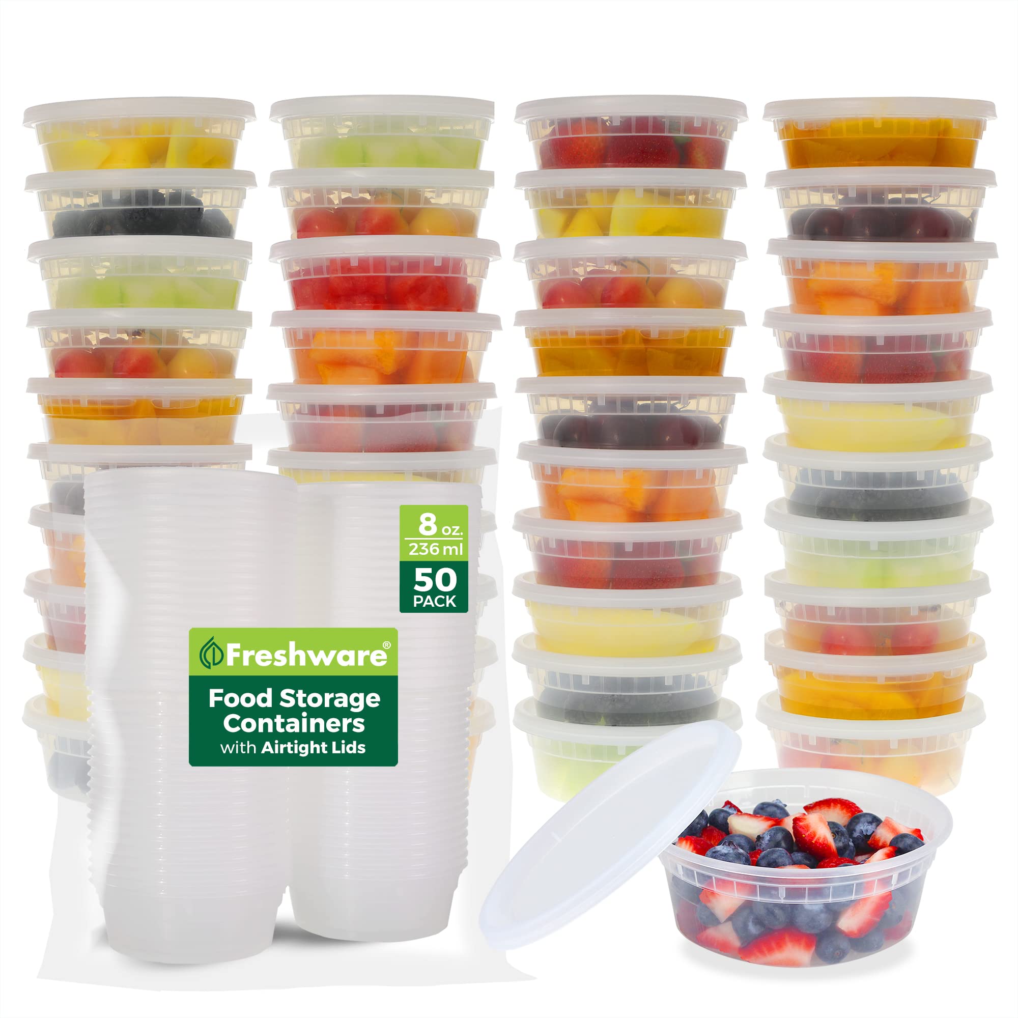 Freshware Lebensmittelbehälter [50er-Set] 240 ml Kunststoff-Deli-Behälter mit Deckel, für Schleim, Suppen, Essenszubereitung | BPA-frei | stapelbar | auslaufsicher | mikrowellen-/spülmaschinen-/gefriergeeignet
