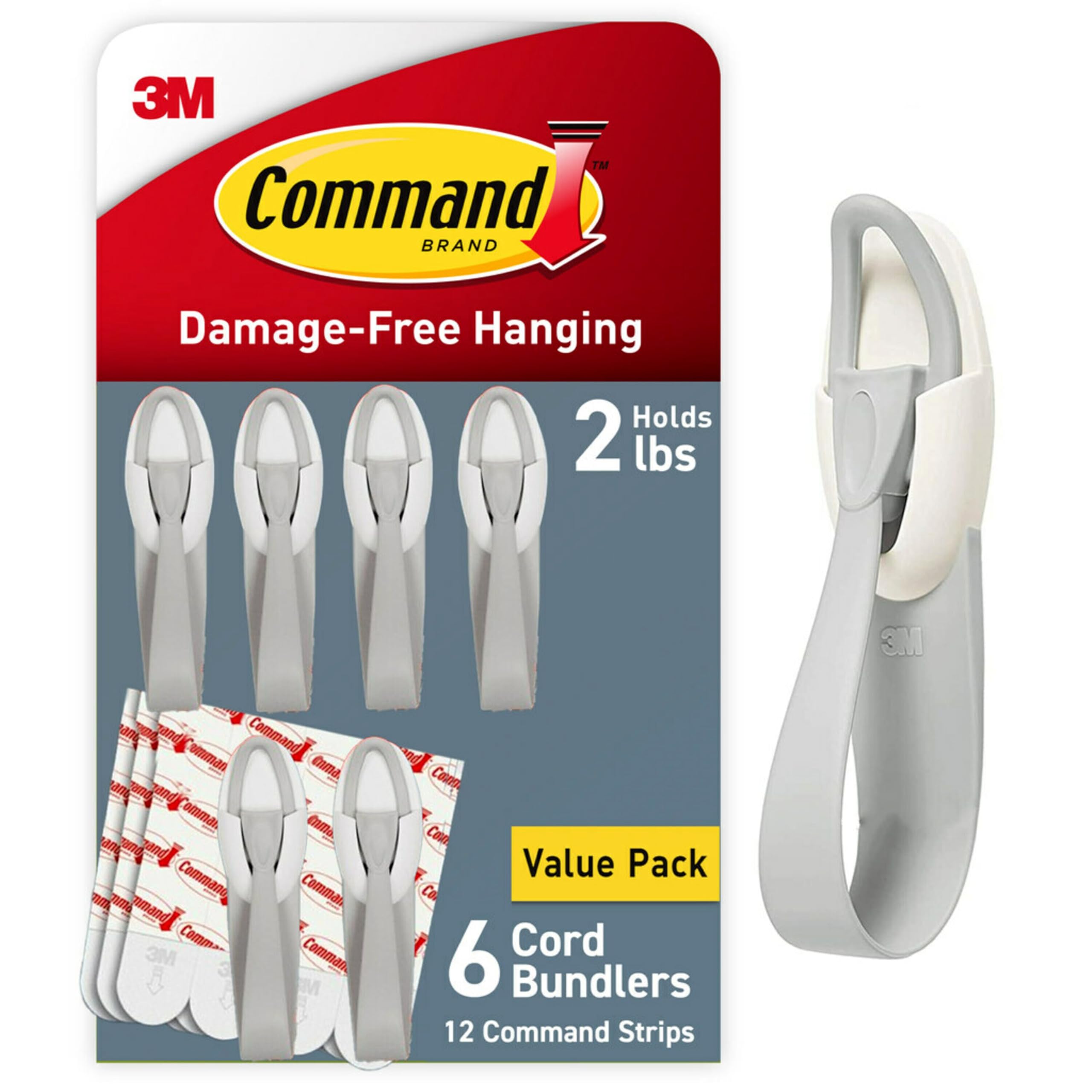 Command Cord Bundlers, Damage-Free Hanging Cord Organizer, No Tools Cord Bundler for Hanging Electrical Cables, 6 Gray Cord Bundlers and 12 Command Strips
