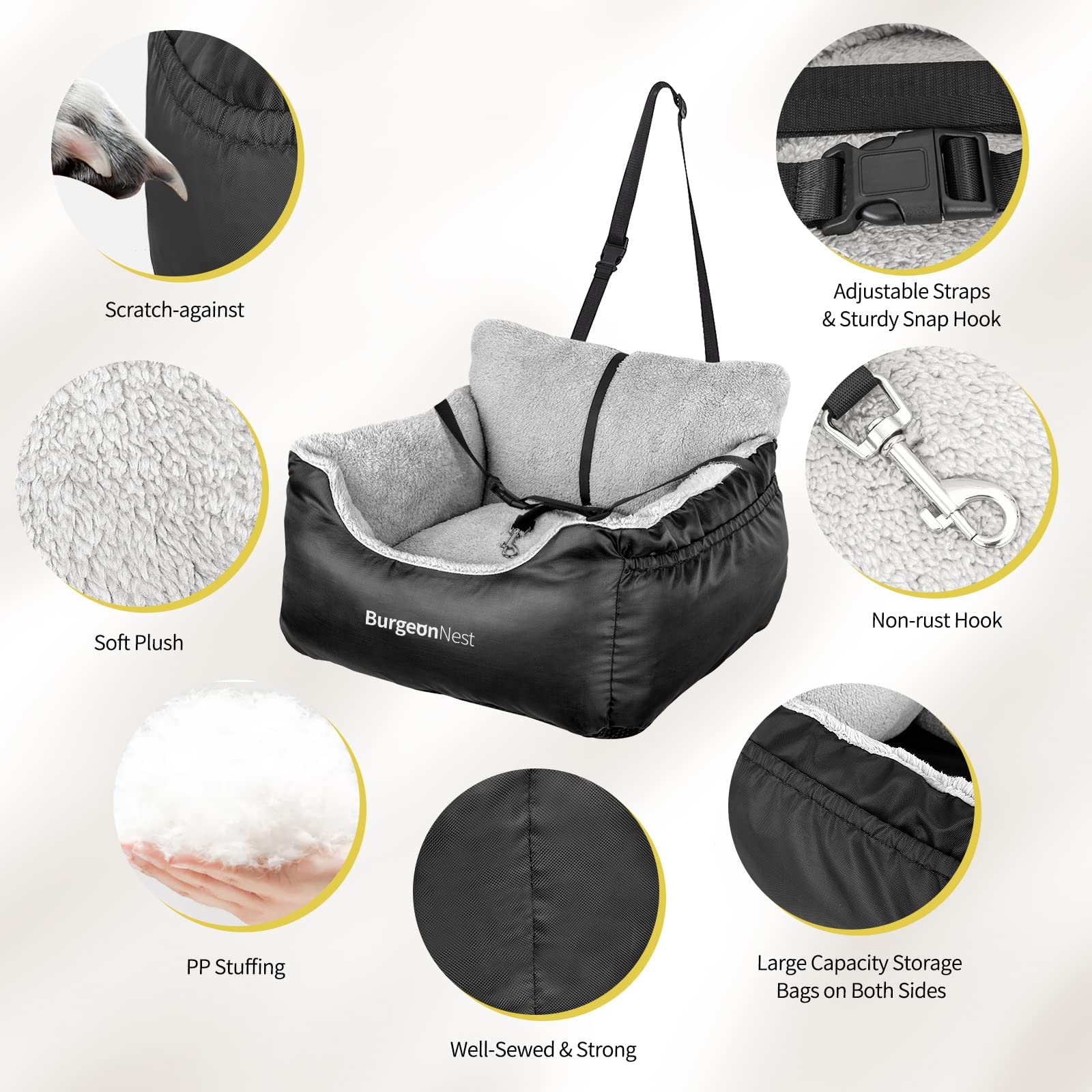BurgeonNest Dog Car Seat for Small Dogs, Soft Pet Car Travel Home Bed Under 25 lbs, Fully Detachable and Washable Cat Booster Carseats with Storage Pockets and Clip-On Leash Portable Carrier,Black