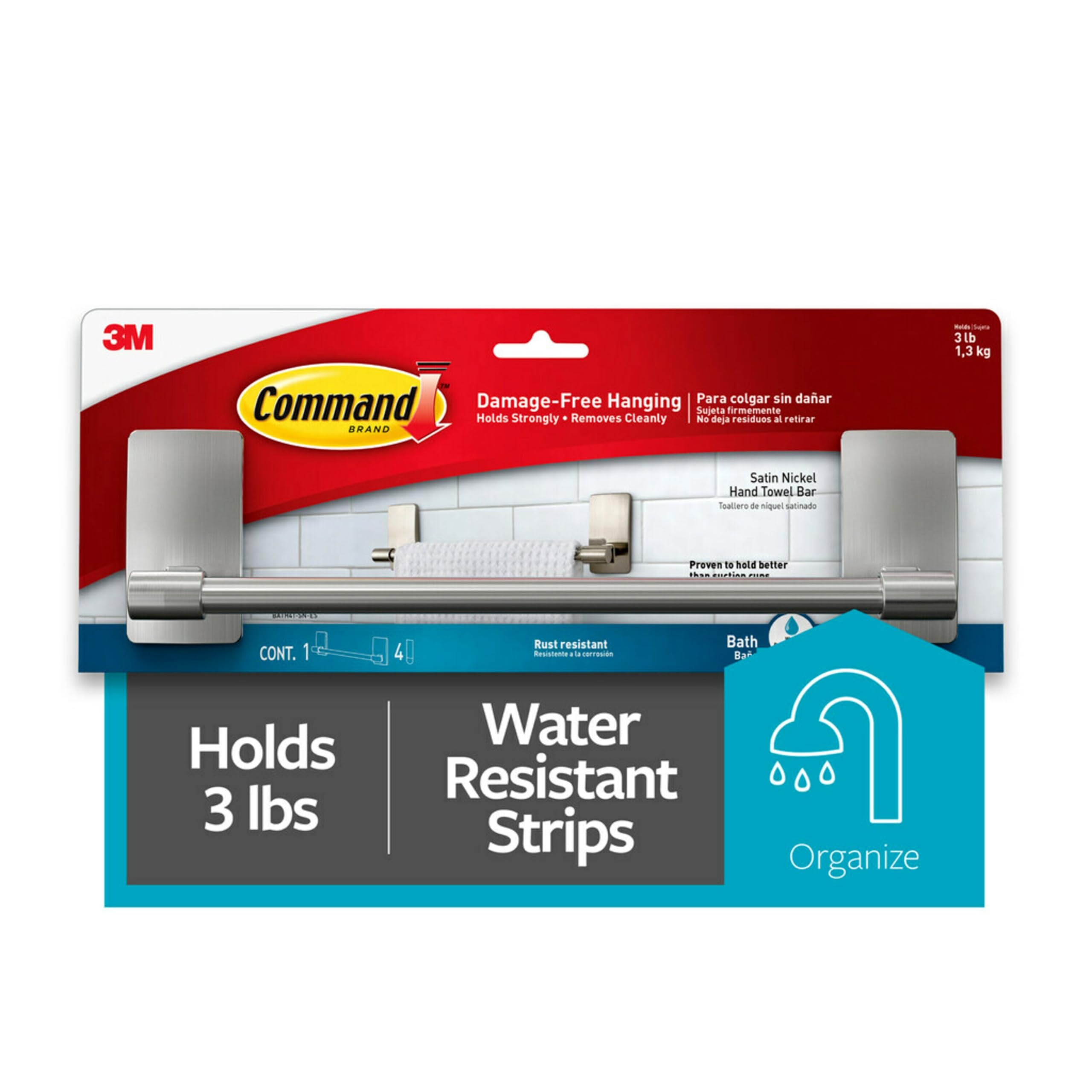 Command Hand Towel Bar Satin Nickel with 4 Water Resistant Command Strips, 9" Hand Towel Holder, Holds up to 3 lb, Great for Bathroom Decor on the Wall, Inside the Cabinet, or in the Shower