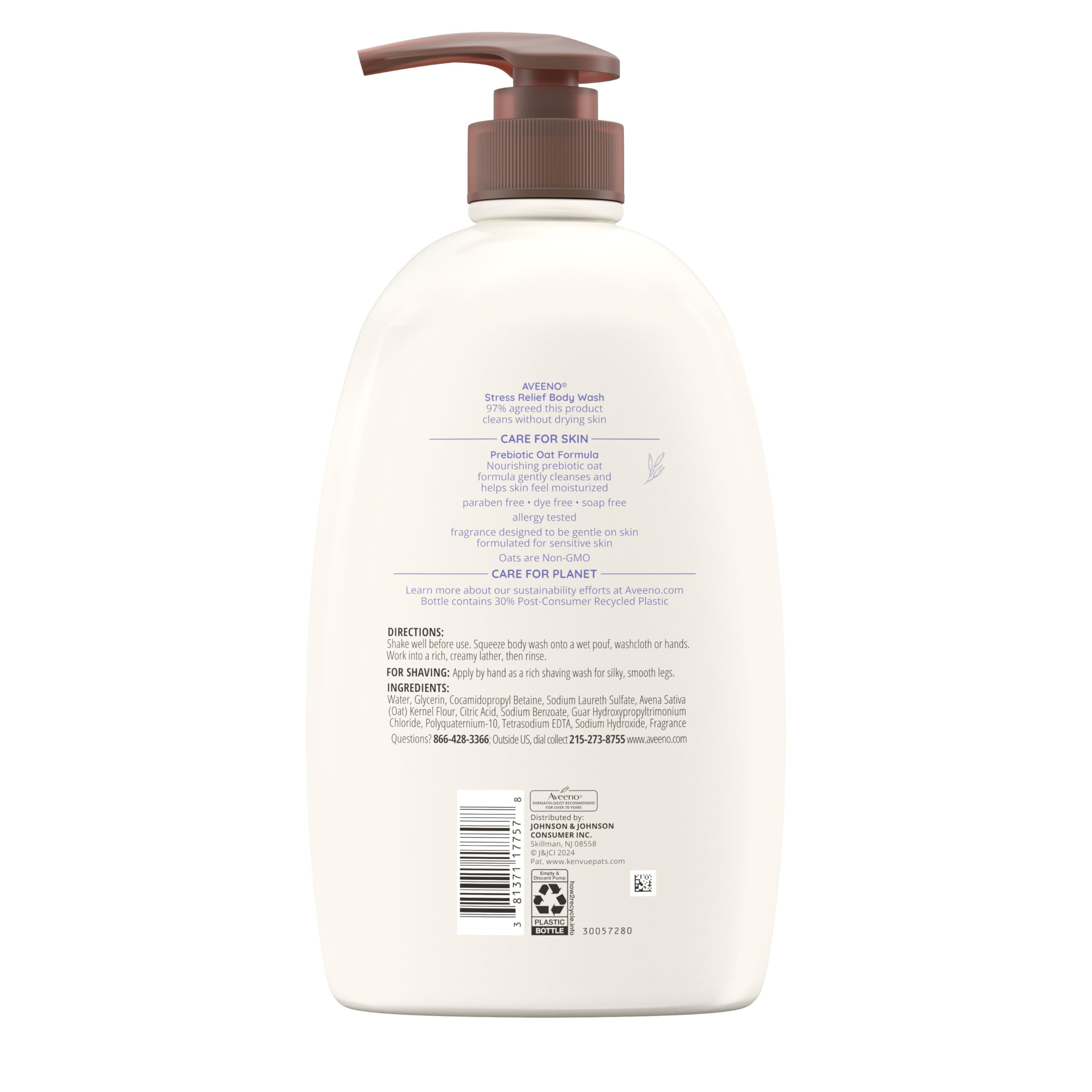 Aveeno Stress Relief Body Wash with Nourishing Oat & Lavender Scent for Sensitive Skin, Gently Cleanses & Helps You Feel Calm & Relaxed in the Shower, Soap-Free, 33 fl. oz