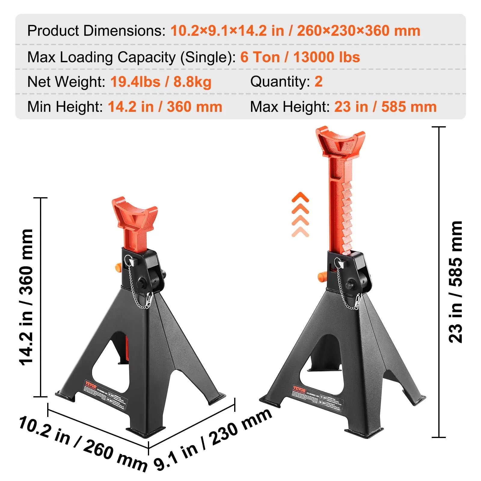 VEVOR Jack Stands, 6 Ton (13,000 lbs) Capacity Car Jack Stands Double Locking, 14.2-23 inch Adjustable Height, for lifting SUV, Pickup Truck, Car and UTV/ATV, Red, 1 Pair