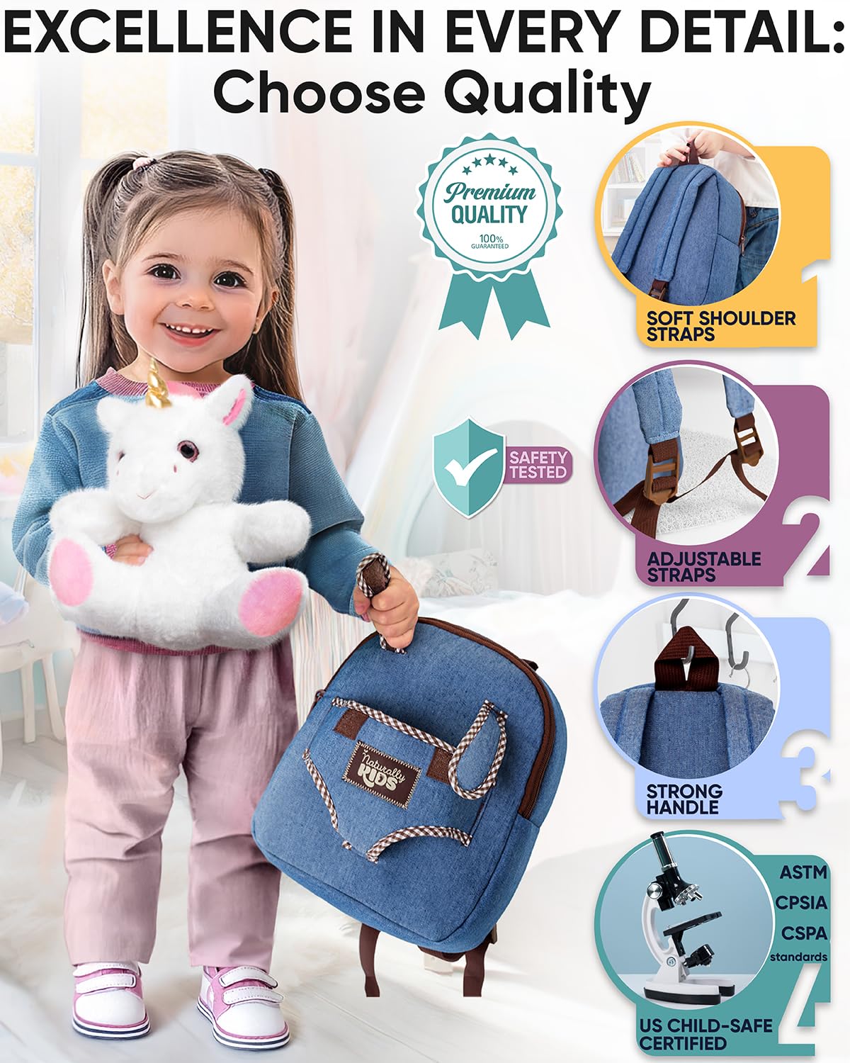 Naturally KIDS Unicorn Toys for Age 3, Birthday Gifts for 2 Year Old Girls, 3 Year Old Girl Gifts, Toddler Unicorn Backpack