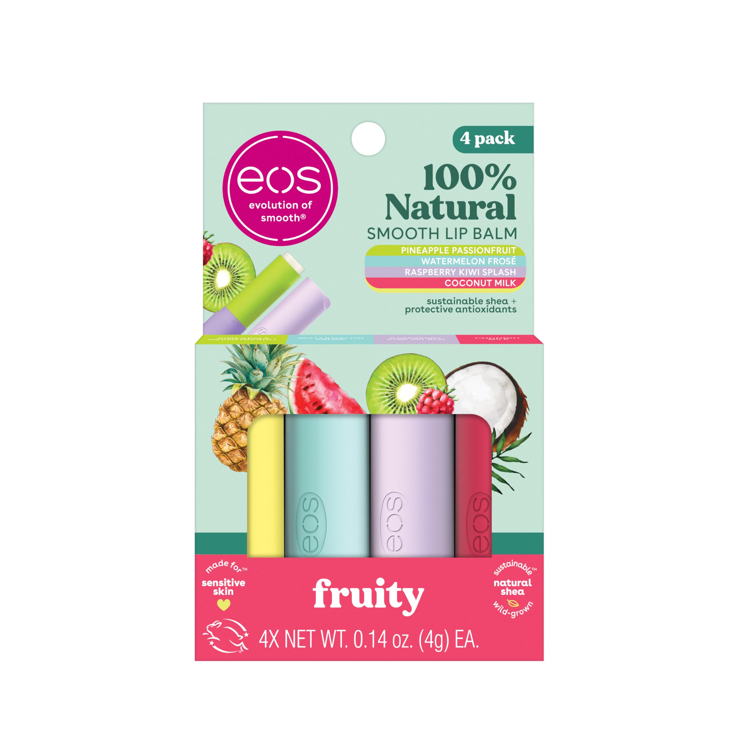 eos 100% Natürliche Lippenpflege – Kokosmilch, Ananas-Maracuja, Wassermelonen-Frosé & Himbeer-Kiwi-Splash, Ganztägige Feuchtigkeitspflege, 4 x 4 g
