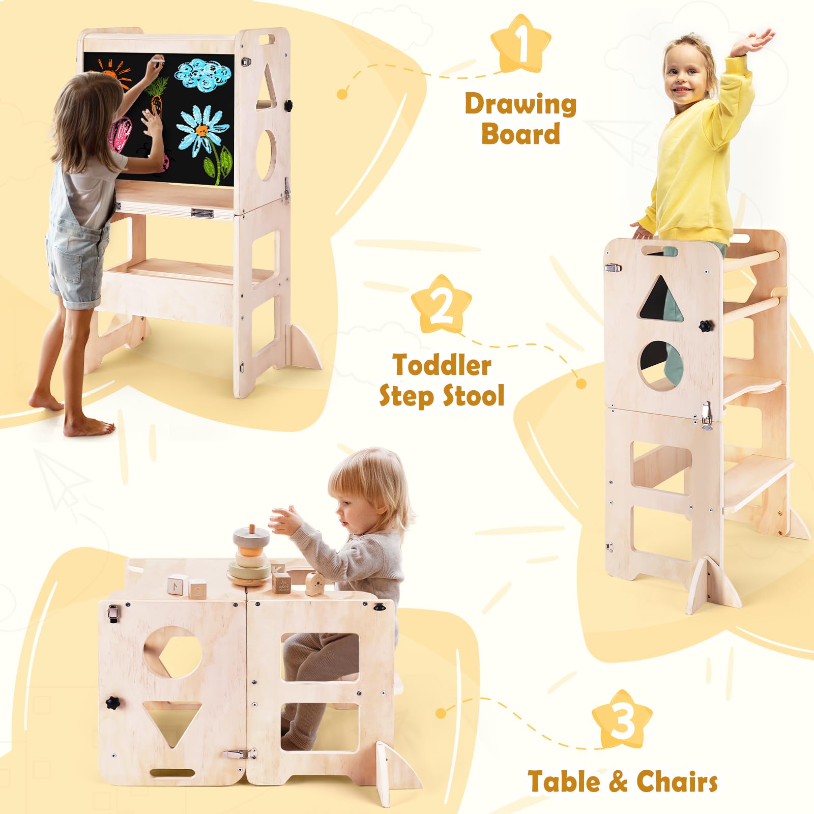 Woodure 4-in-1 Toddler Kitchen Step Stool, Foldable Learning Standing Tower with Blackboard, Wooden Kitchen Stool Helper for Kids, 1-3 Year Old Boy Girl Gifts