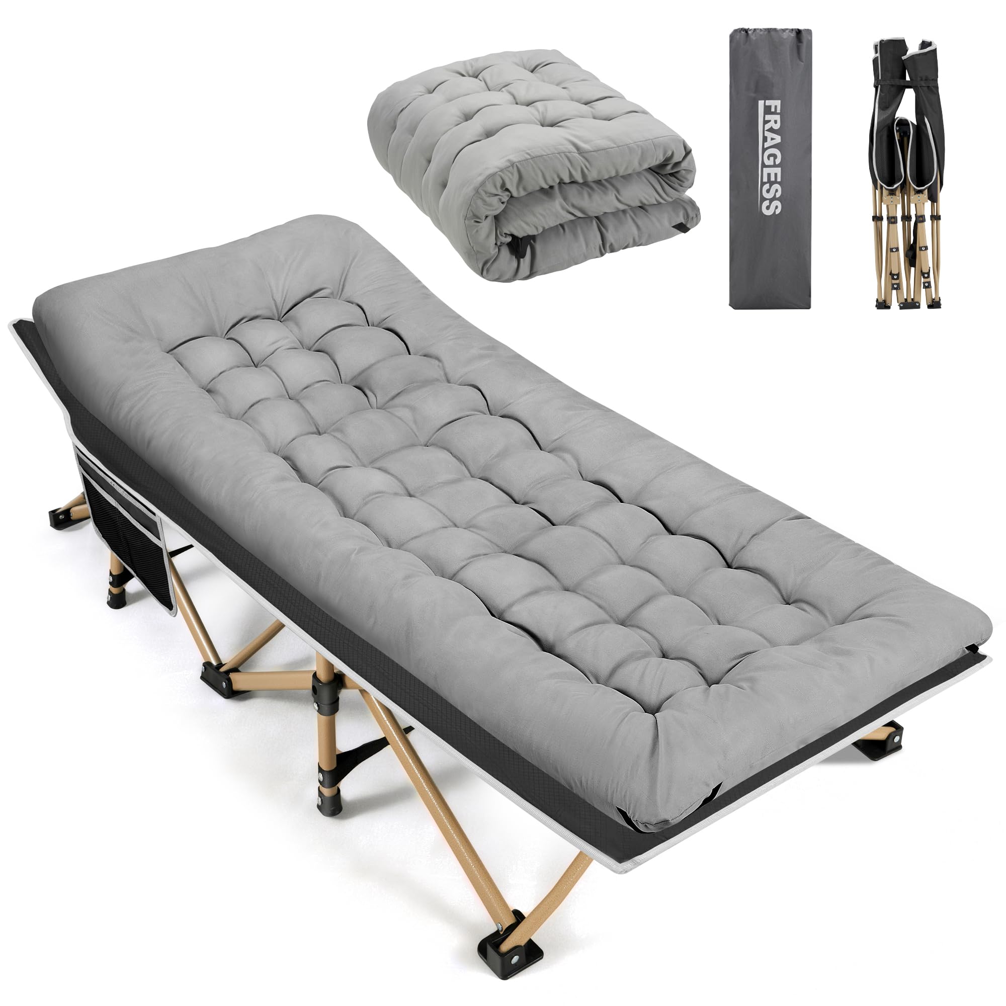 Fragess Tragbares Campingbett, 270 kg maximale Belastung, extra breit mit dicker Matratze, Klappbett für Outdoor-Camping/Büro, Nickerchen zu Hause (Grau)
