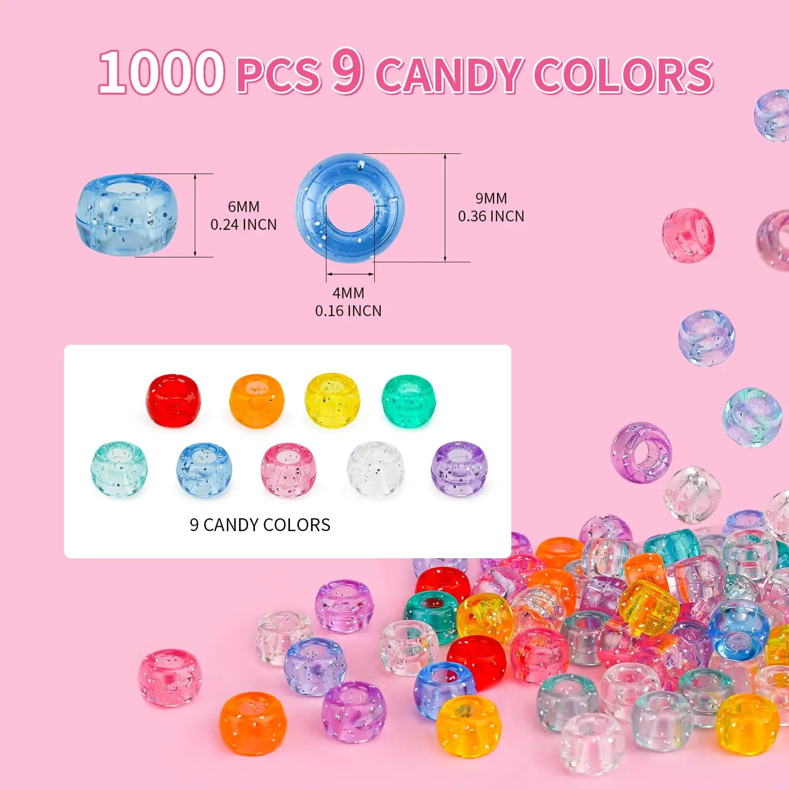 1000+pcs Glitter Beads Pony Beads Bulk, Acrylic Beads 9mm Large Plastic Beads for Bracelets Big Hole Hair Braids Crafts DIY Projects