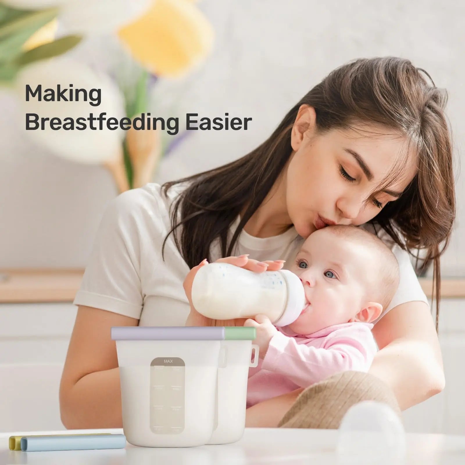 Nuliie 7 Pcs Silicone Breastmilk Storage Bags Reusable, 8oz/240ml Double Leak-Proof Breastmilk Freezer Bags, BPA Free Self-Standing Milk Bags for Breastfeeding, Baby Food Pouches