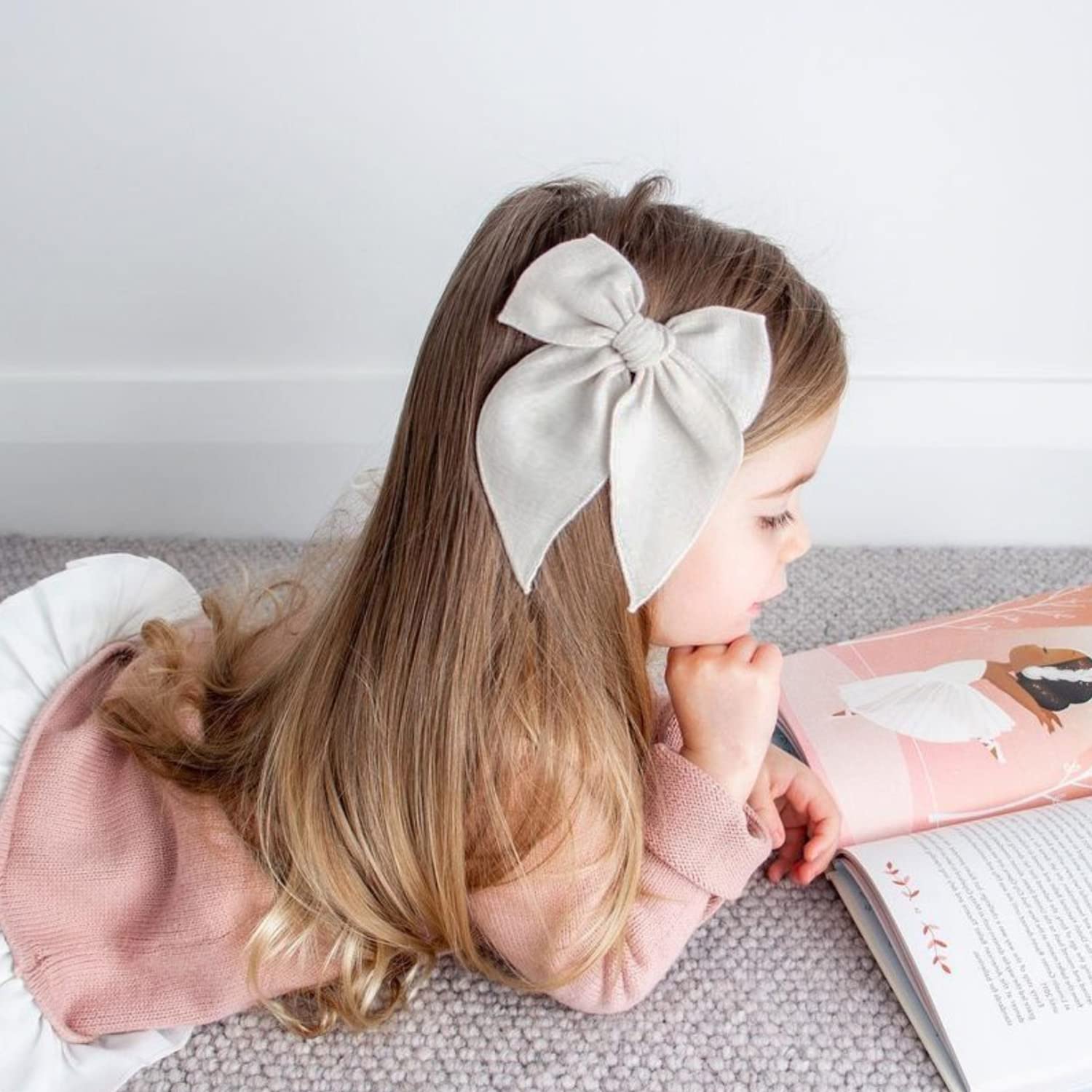 Niceye Fable Girls Hair Bows Cotton Linen Alligator Hair Clips or Little Girls Toddlers Kids Neutral Handmade Hair Accessories - 5.5” bow