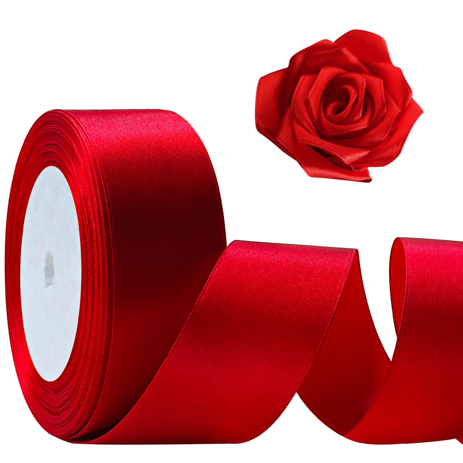 Flezzo 25 Yards rotes Satinband 3,8 cm, einseitiges Polyesterseidenband für Bastelarbeiten, Blumensträuße, Geschenkverpackungen, Hochzeiten, Schleifen und Valentinstagsdekoration