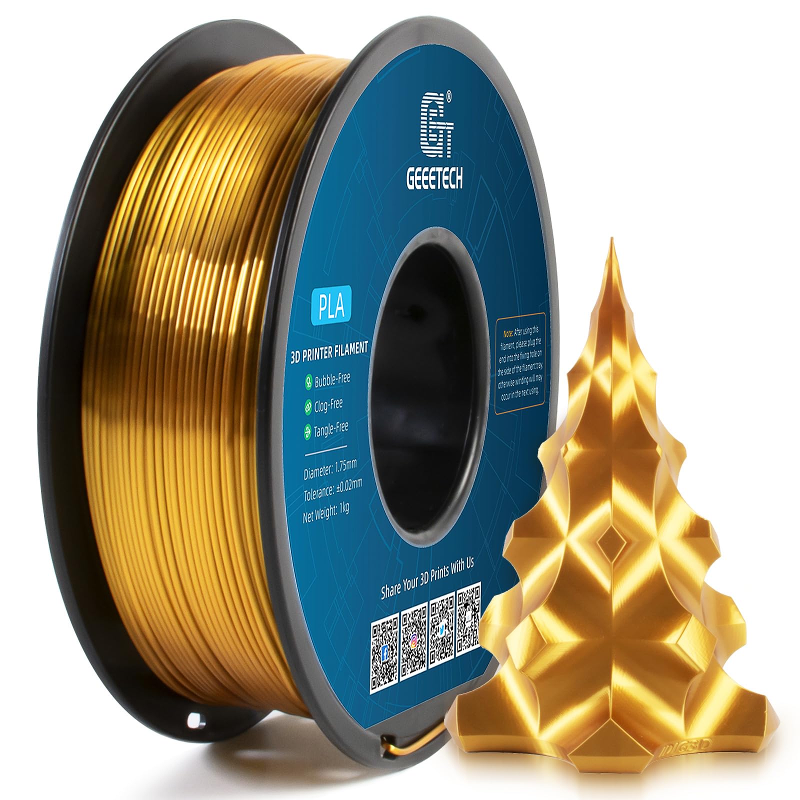 Geeetech Seiden-PLA-Filament 1,75 mm für 3D-Drucker, metallähnliche glänzende Verbrauchsmaterialien 1 kg (2,2 lbs) 1 Spule, Maßgenauigkeit +/- 0,02 mm, metallisch goldenes Seidenfilament