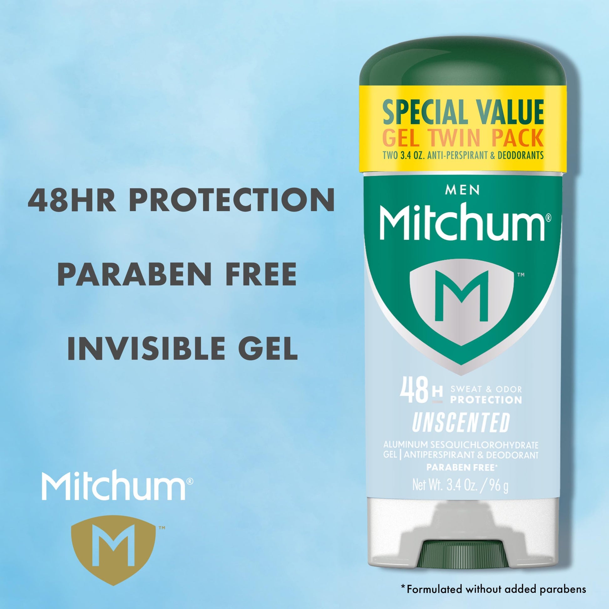 Mitchum Men’s Triple Odor Protection Antiperspirant & Deodorant Gel, Unscented, 48HR Protection, 2 pack