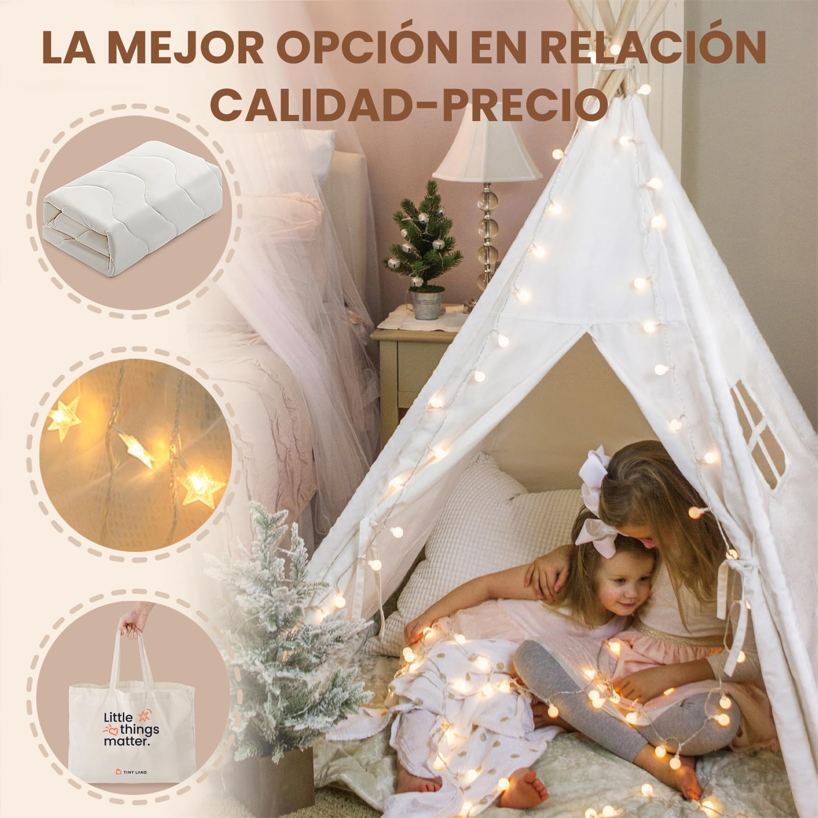 Tiny Land Teepee Tent for Kids – 100% Cotton Play Tent with Padded Mat & Star Lights, Foldable with Carry Bag, Indoor Play Tent for Girls & Boys