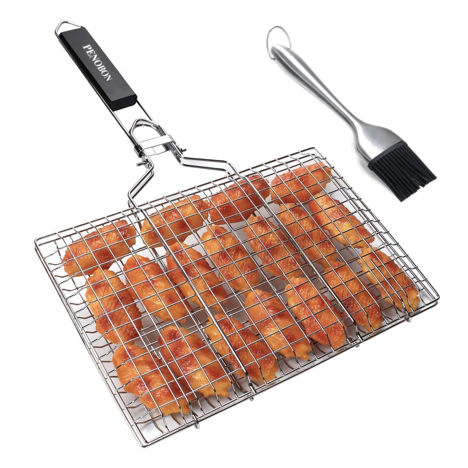 Fisch-Grillkorb, faltbarer tragbarer Edelstahl-BBQ-Grillkorb für Fisch, Gemüse, Garnelen mit abnehmbarem Griff, inklusive Marinierpinsel und Aufbewahrungstasche