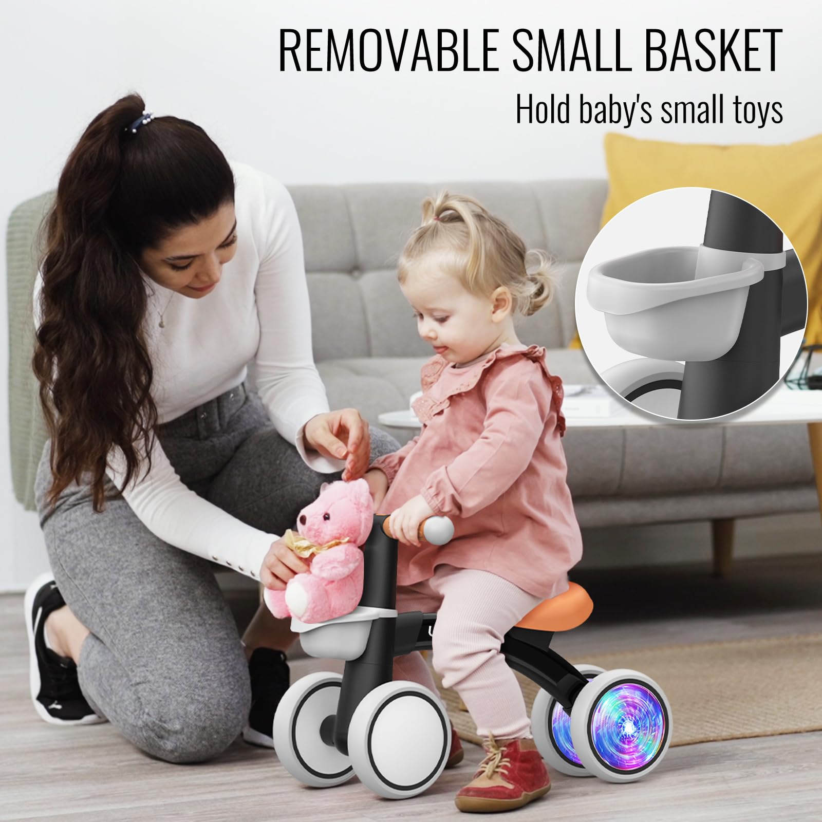 Umatoll Colorful Lighting Baby Balance Bike Toys for 1 Year Old Boys Gifts, Adjustable Seat Baby Walker, One Year Old Boy Birthday Gifts, 12-24 Months Toddler First Ride on Toys